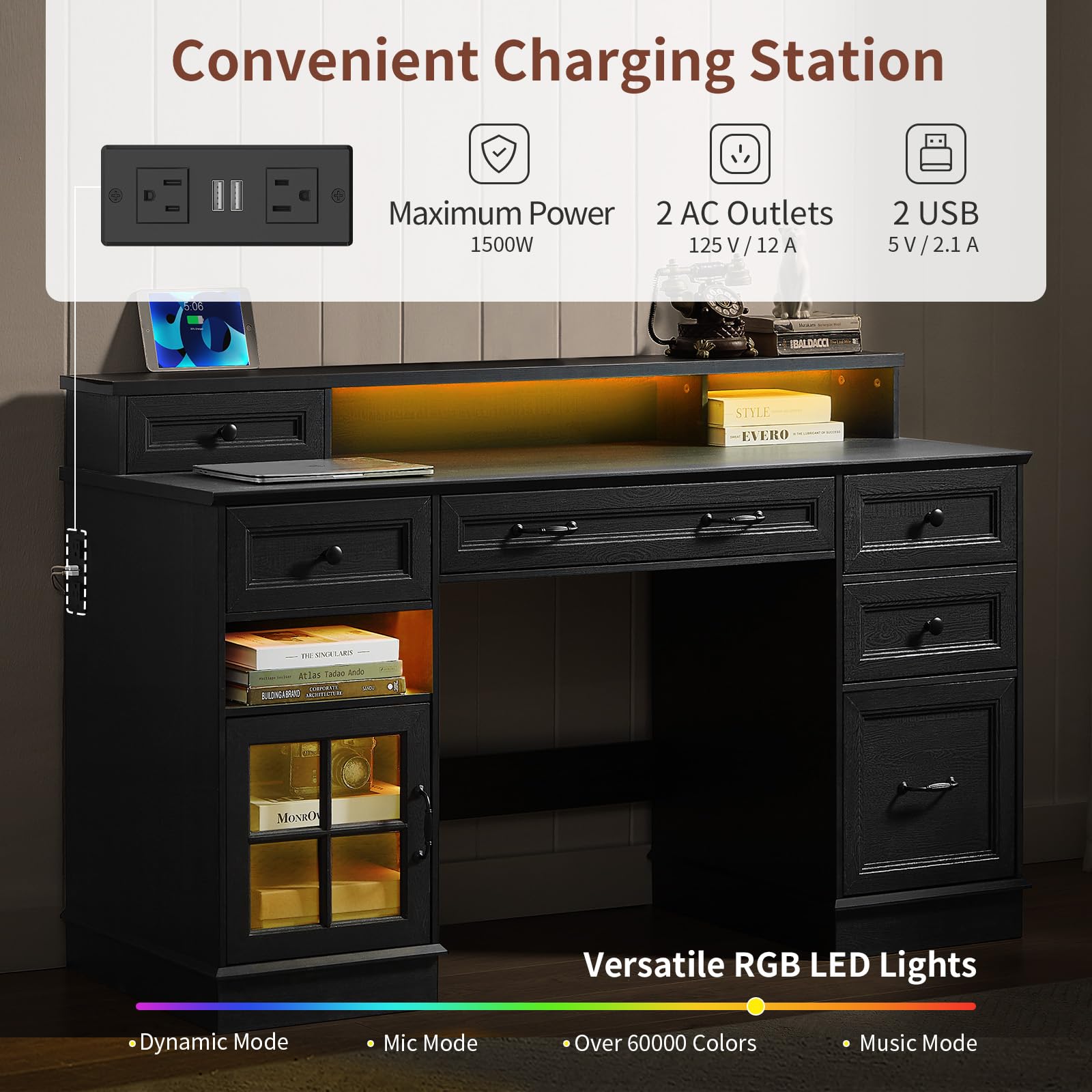 HAUOMS Farmhouse Executive Desk with Drawers Computer Desk with File Drawers, Power Outlet and Led Lights, Executive Office Desk with Storage Cabinet and Monitor Shelf for Home Office, Black