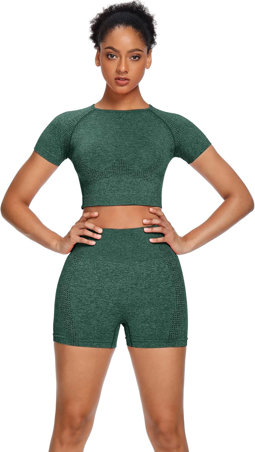Women Seamless Yoga Outfits 2 Piece Set Workout Gym Shorts + Short Sleeve Crop Top - Image 6