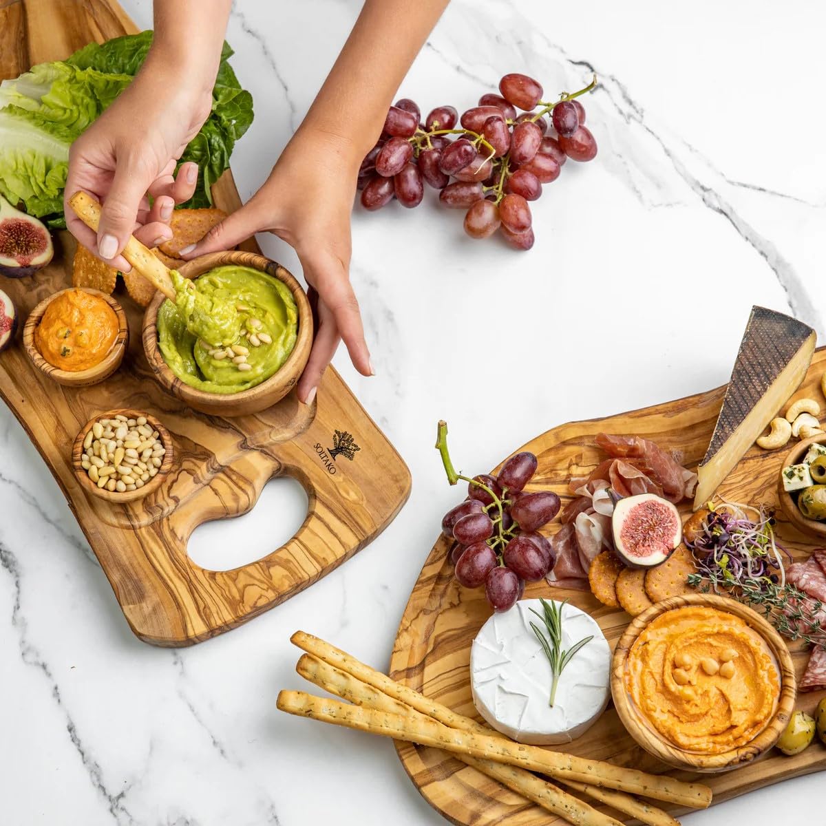 SOLTAKO Olivenholz Geschenksset ideal für Tapas und Snakcs The Hummus Lover 4er Set + Les Snacks 2er Set