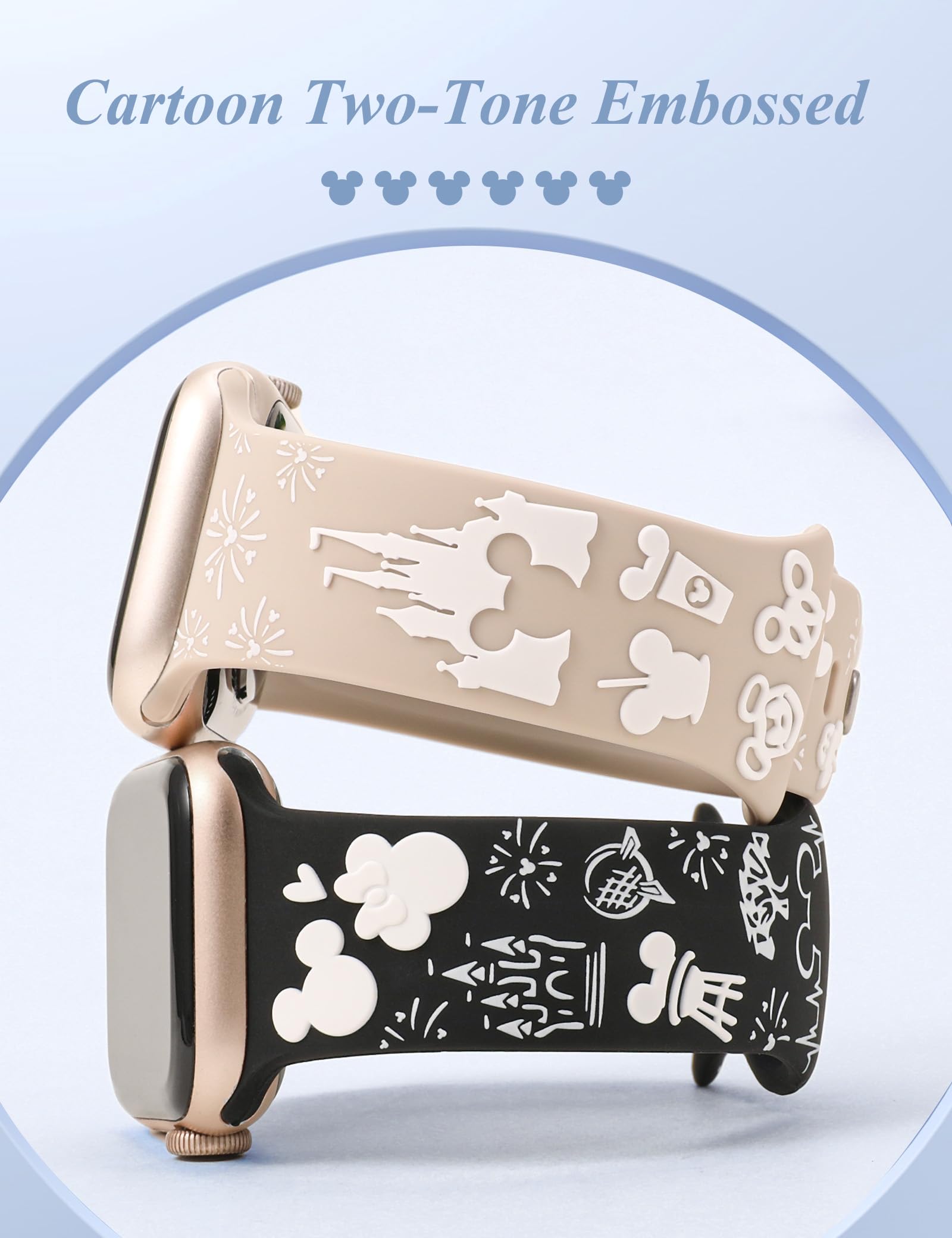 BEEXI 2 Packs Cartoon 3D Raised Band Compatible with Apple Watch Band 41/40/38mm Women Two-Tone Cute Silicone Strap for iWatch SE Series 9/8/7/6/5/4/3/2/1/Ultra(1/2) Starlight White/Black White