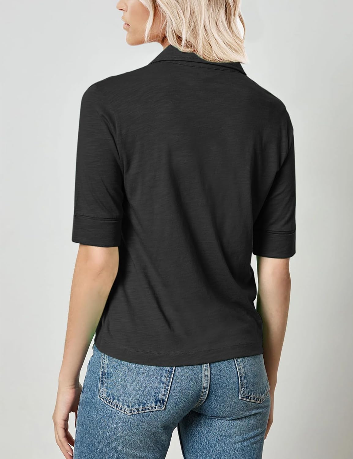 Minclouse Women's Elbow Sleeve Collared Tee Casual Relaxed Fit Tops V Neck Summer Blouse - Image 2