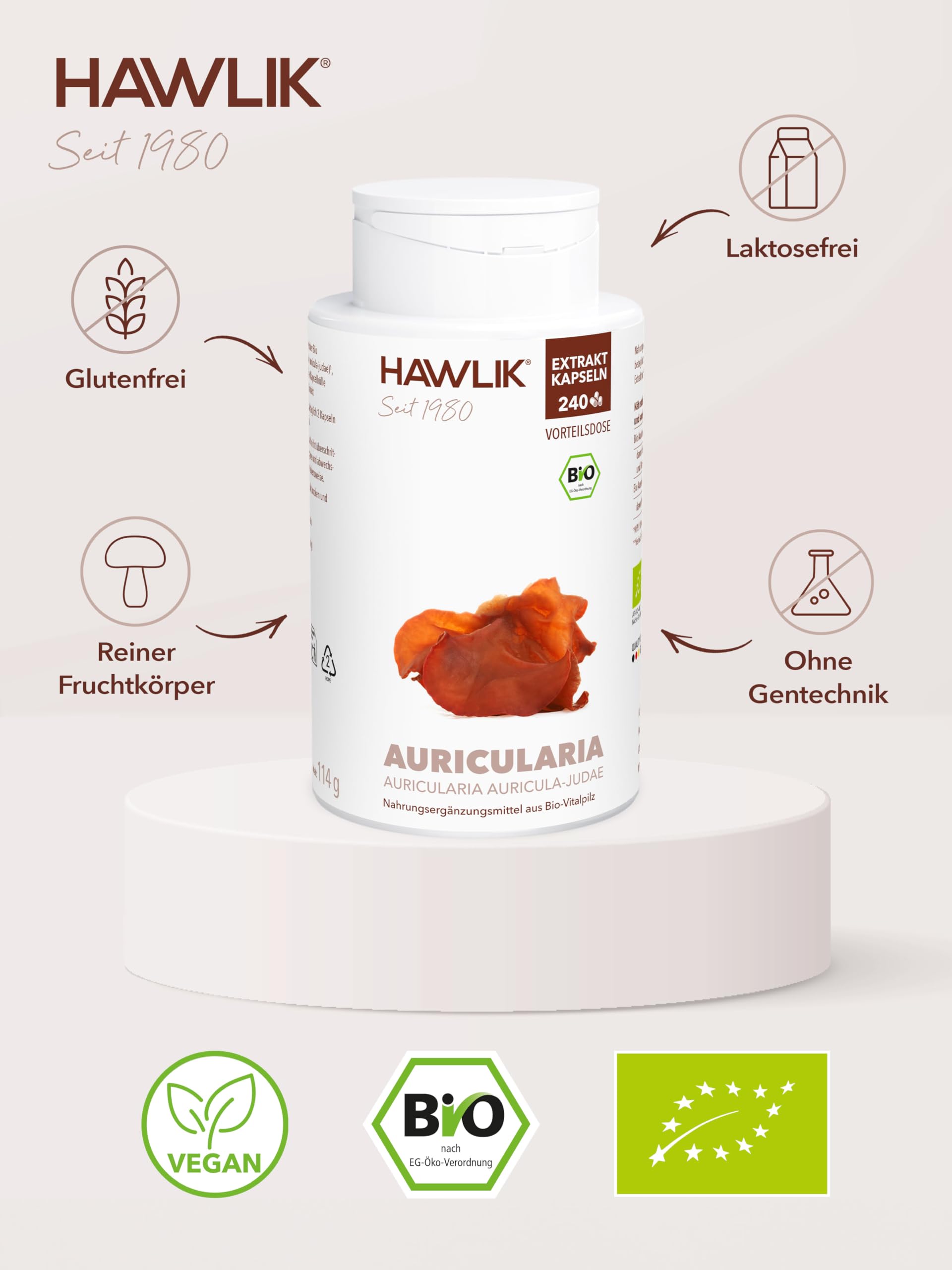HAWLIK Vitalpilze Auricularia Extrakt Kapseln - 240 Kapseln - Mit Vitamin C - Natürlicher Anbau - Vegan - Zuckerrohr-Dose