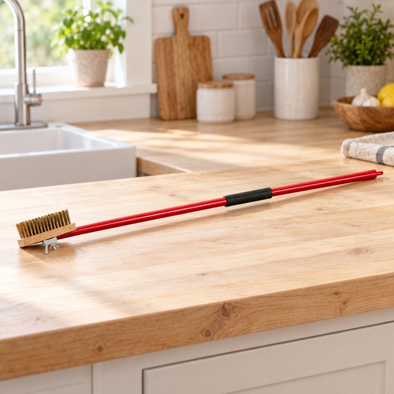Spazzola per Pulizia con Setole in Rame Legno per Rimozione Sporco Ostinato da Griglie E Forni Utensile per Manutenzione, Rosso