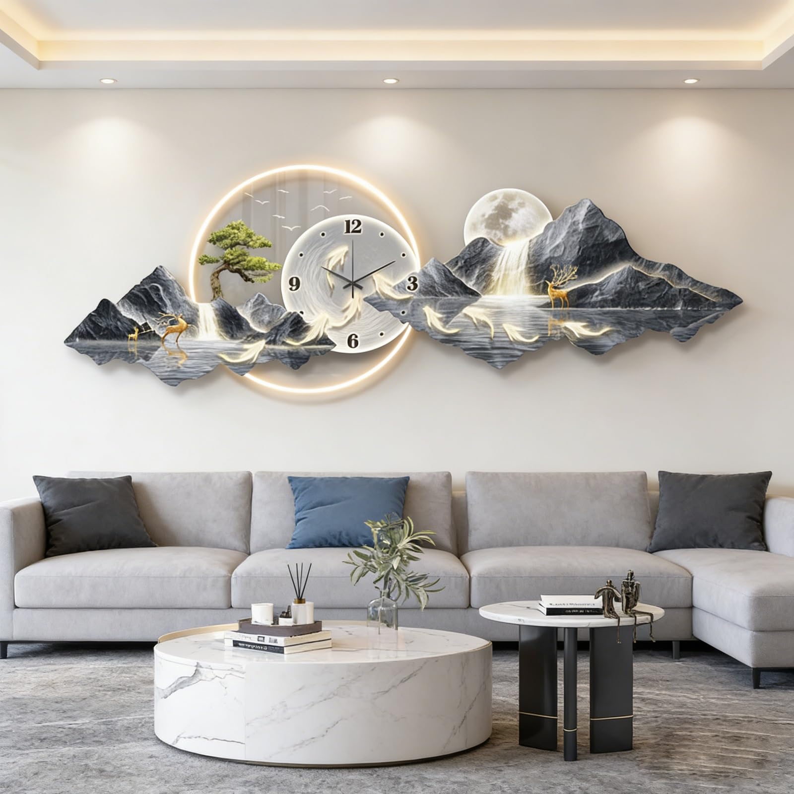 ITOSUI Decorative 3D Wall Clocks Painting with LED Light,Creative Wall Hanging Painting Modern Art,Silent Clock,for Living Room, Dining Room Background Wall Decor(Blue,42.2 * 15.7")