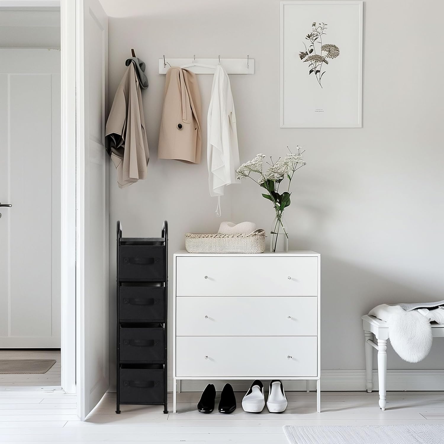 MAX Houser 4 Drawer Narrow Dresser Fabric Storage Tower Vertical Slim Storage Chest Organizer Nightstand Side/End Table Small Standing Organizer Removable Drawers Wood Top for Bedroom, Bathroom（Black) - Image 6