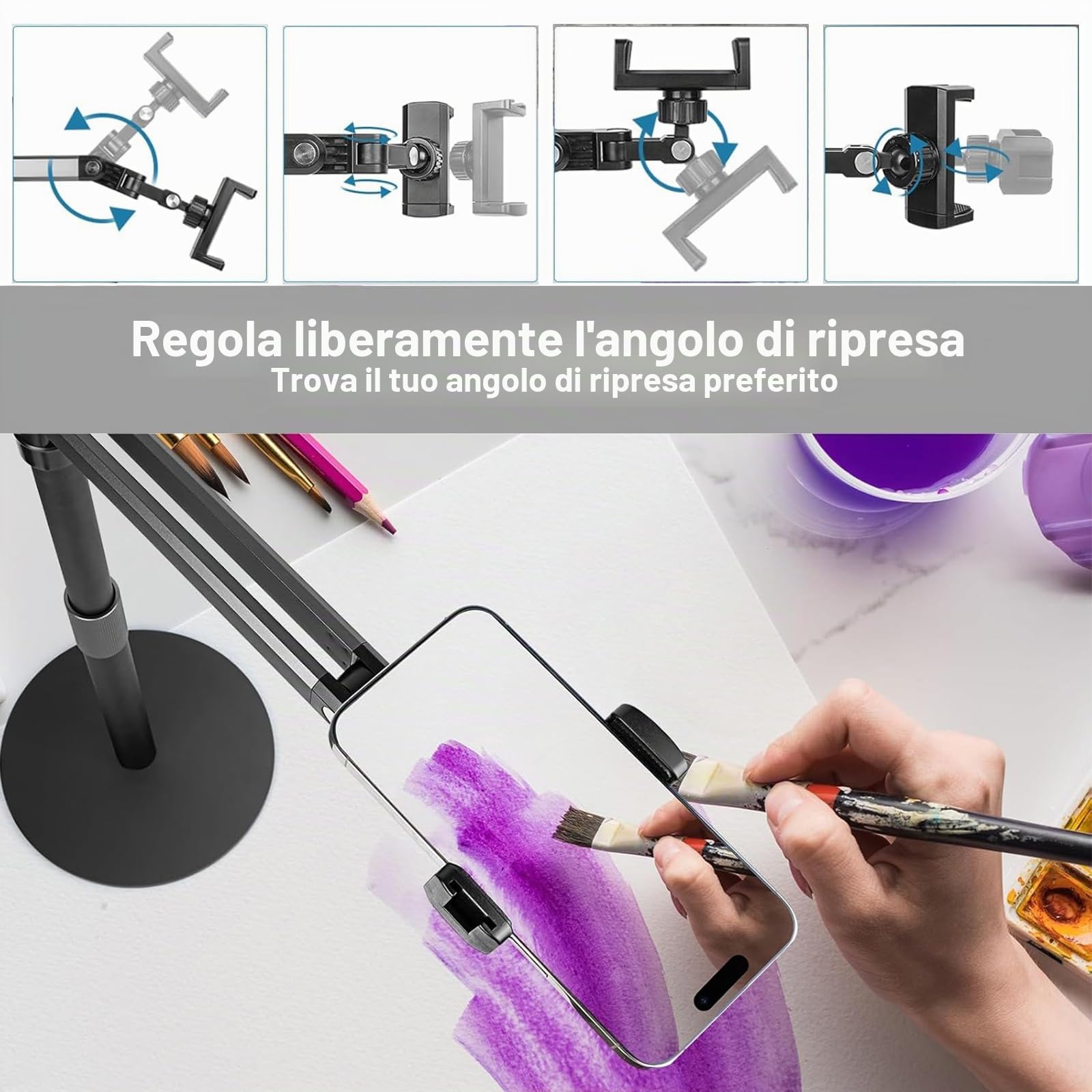 Supporto Telefono Regolabile 360°, Supporto Cellulare da Tavolo Compatibile iPhone/Samsung/Huawei per Riprese Zenitali, Live e Video Professionali