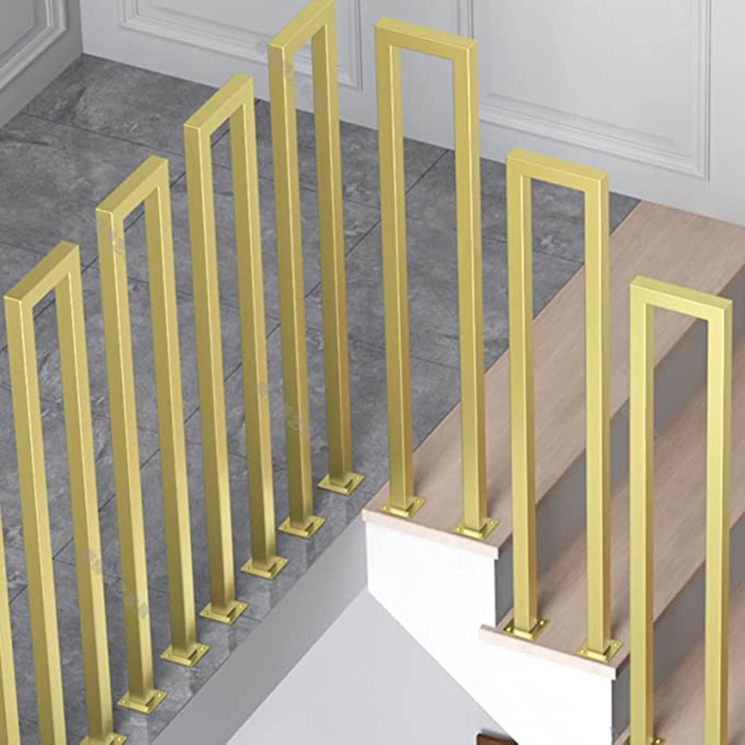 Gold U-Shaped Stairs Handrail, Indoor Stair Railing, Steps Handrails for Indoor Outdoor, Square Transitional Railing Handrails, for Concrete, Brick or Wooden Steps(90CM/2.9FT)
