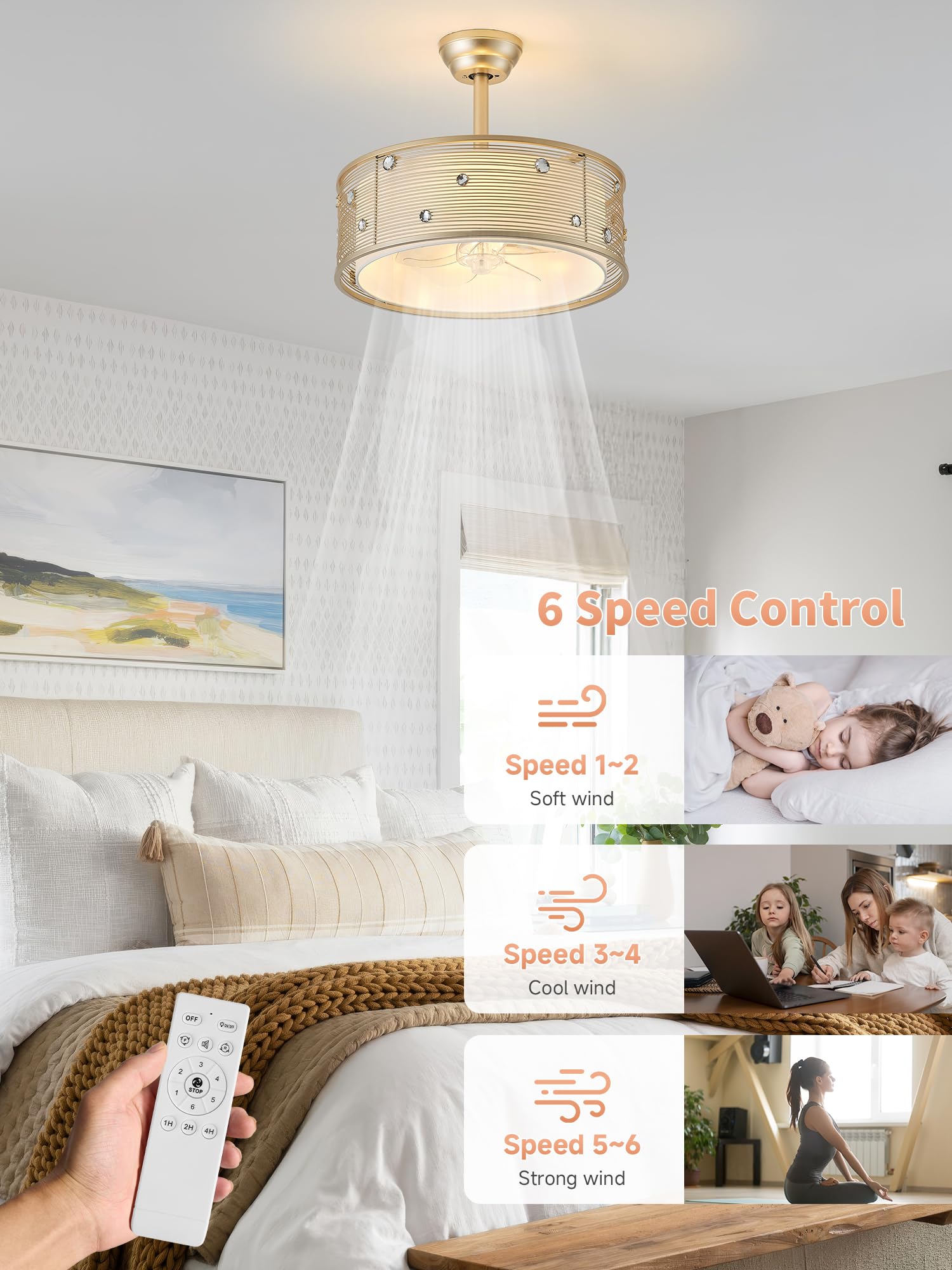 MizWacky Gold Crystal Fandelier Ceiling Fans with Lights, 20" Gold Flower Chandelier Ceiling Fan with Light Remote Control, Caged Mid-Century with 6 Speeds for Bedroom, Nursery, Living Room: Gold