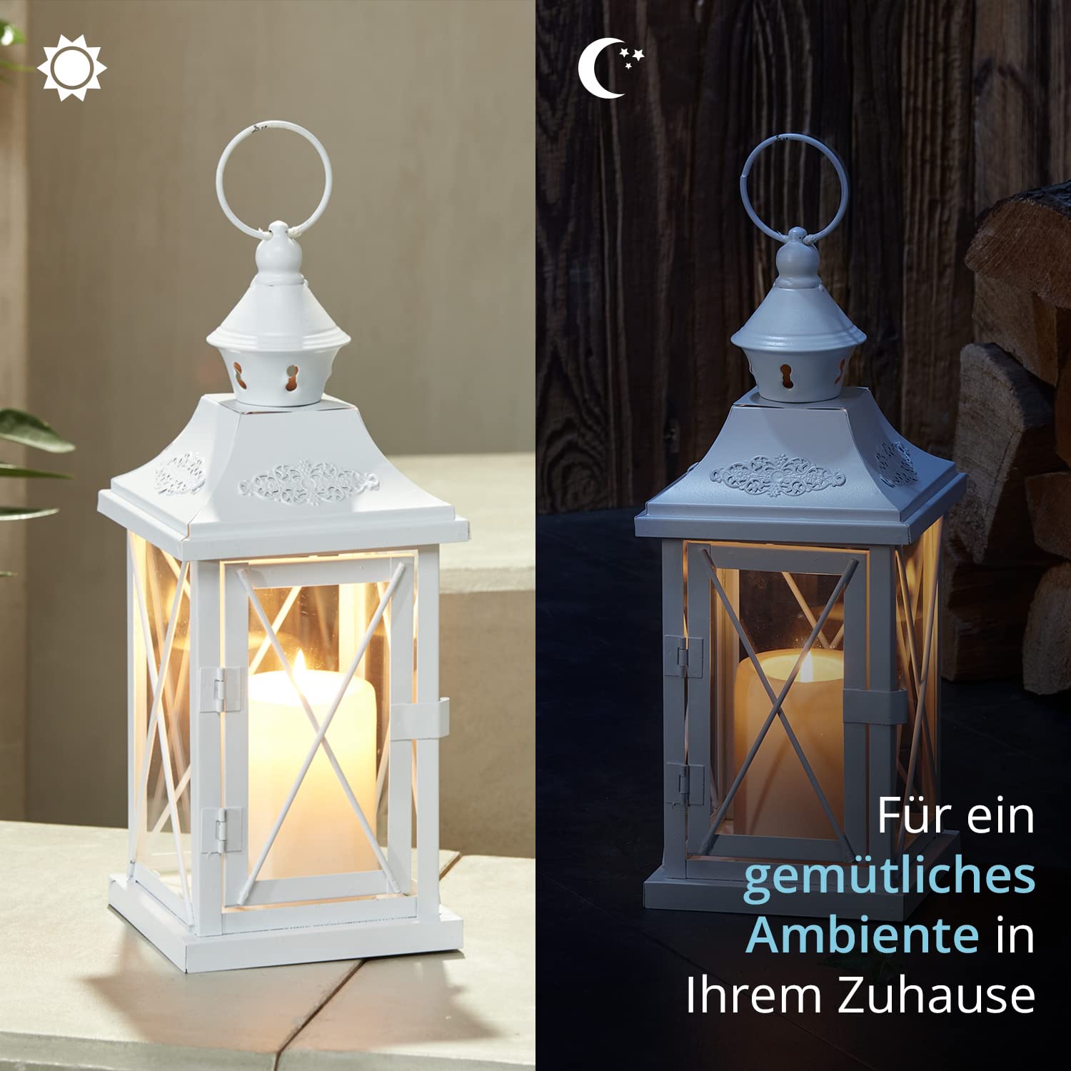 Vintage Laternen Set 2-teilig Aus Metall & Glas – Für Terrasse, Garten, Wohnzimmer | 35,6 Cm & 25,4 Cm, Beige