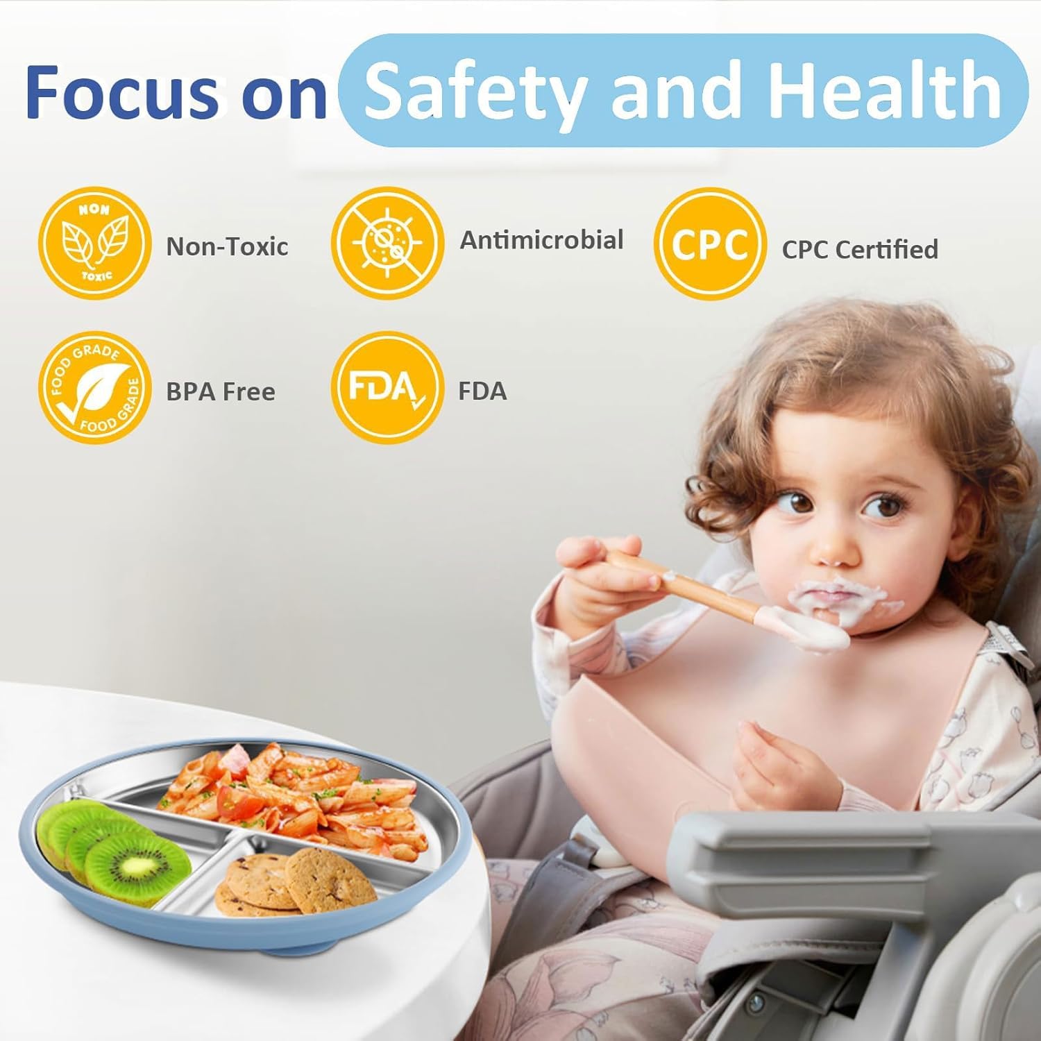 Set da 2 Piatti in Acciaio Inossidabile con Ventosa per Neonati e Set da 1 Cucchiai e Forchette, Bambini Pappa Svezzamento Piatto, Piatti Divisi per Alimentazione Autonoma, Senza BPA