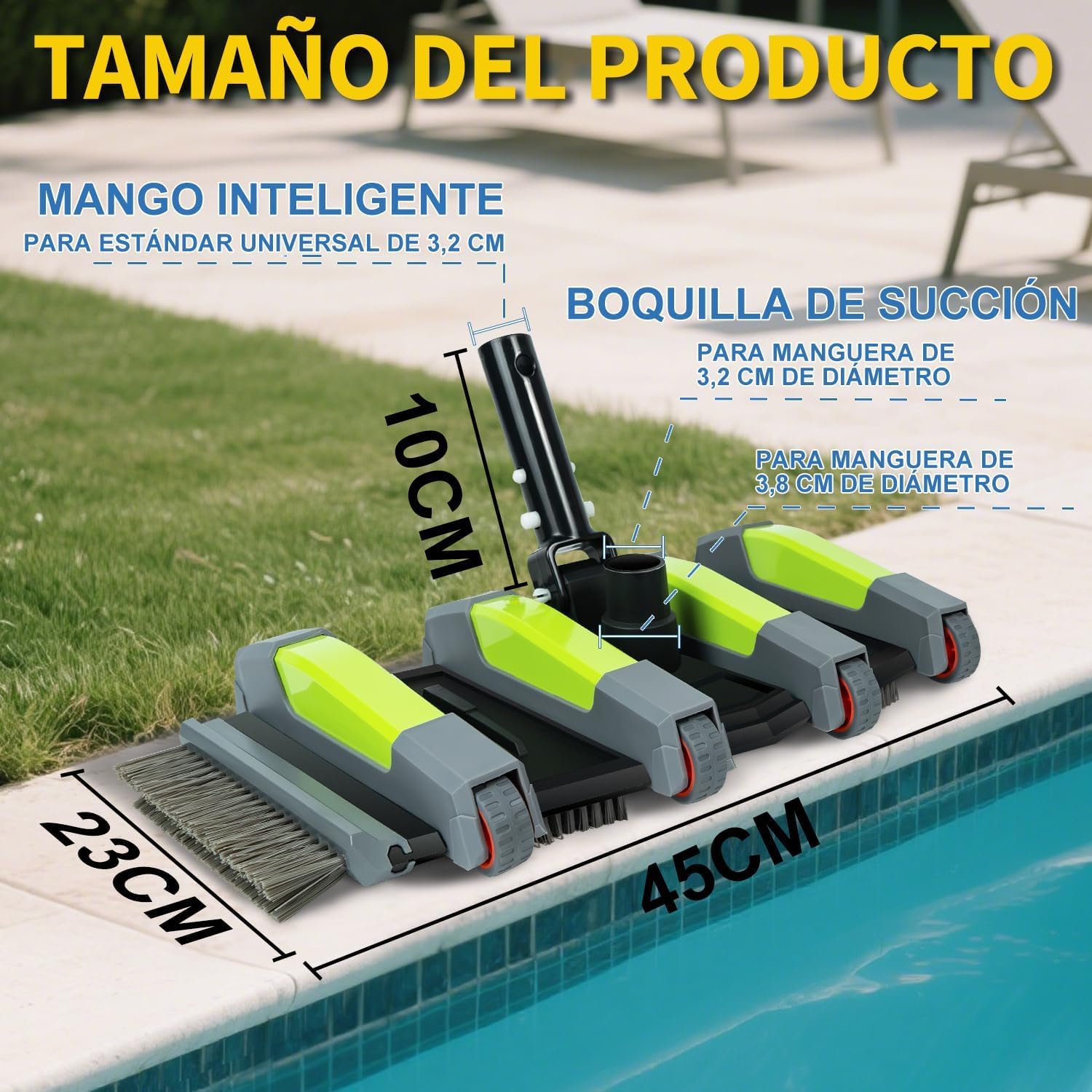 Cepillo Aspirador Piscina 45 cm con Ruedas, Cepillo Aspirador para Piscina con Conexión de Succión, Cepillo Limpiafondos Piscina Flexible con Cepillos Laterales, Compatible con Mangueras 32 mm y 38 mm