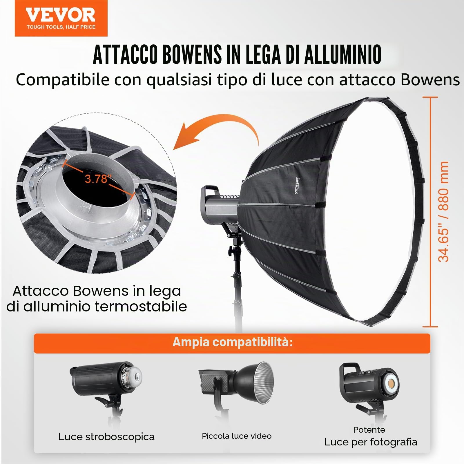 VEVOR Softbox Parabolico 33 pollici / 850 mm Sgancio Rapido Piegatura Rapida Leggero Portatile Attacco Bowens Universale, 4 Effetti di Illuminazione, Adatto per Fotografia Studio Fotografico