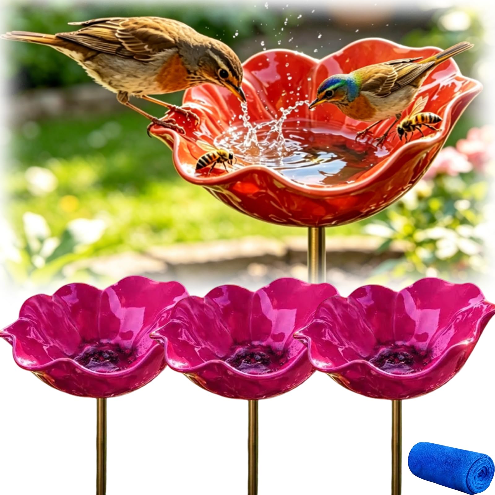 2026 New Handmade Metal Flower Garden Stake with bird Bath & pollinator water station, 3/5 Pcs Bee Bath for Garden Metal Bee Water Feeder for Outdoor Yard Decor (3PCS-E)
