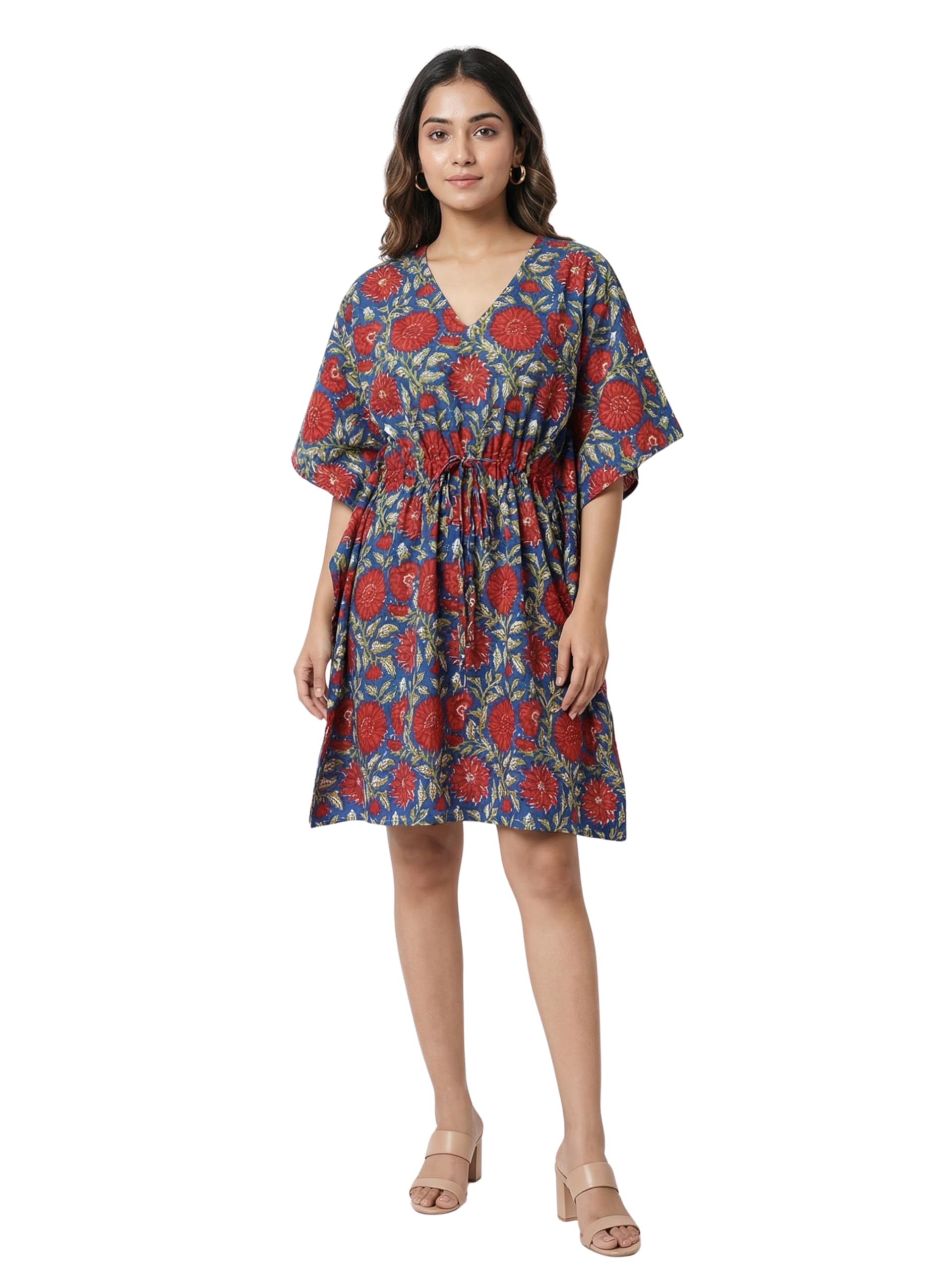 Soft Cotton Printed V-Neck Kaftan for Women, Free Size, Knee Length, Midi Dress, Hidden Adjustable Belt, Casual Wear-image-41