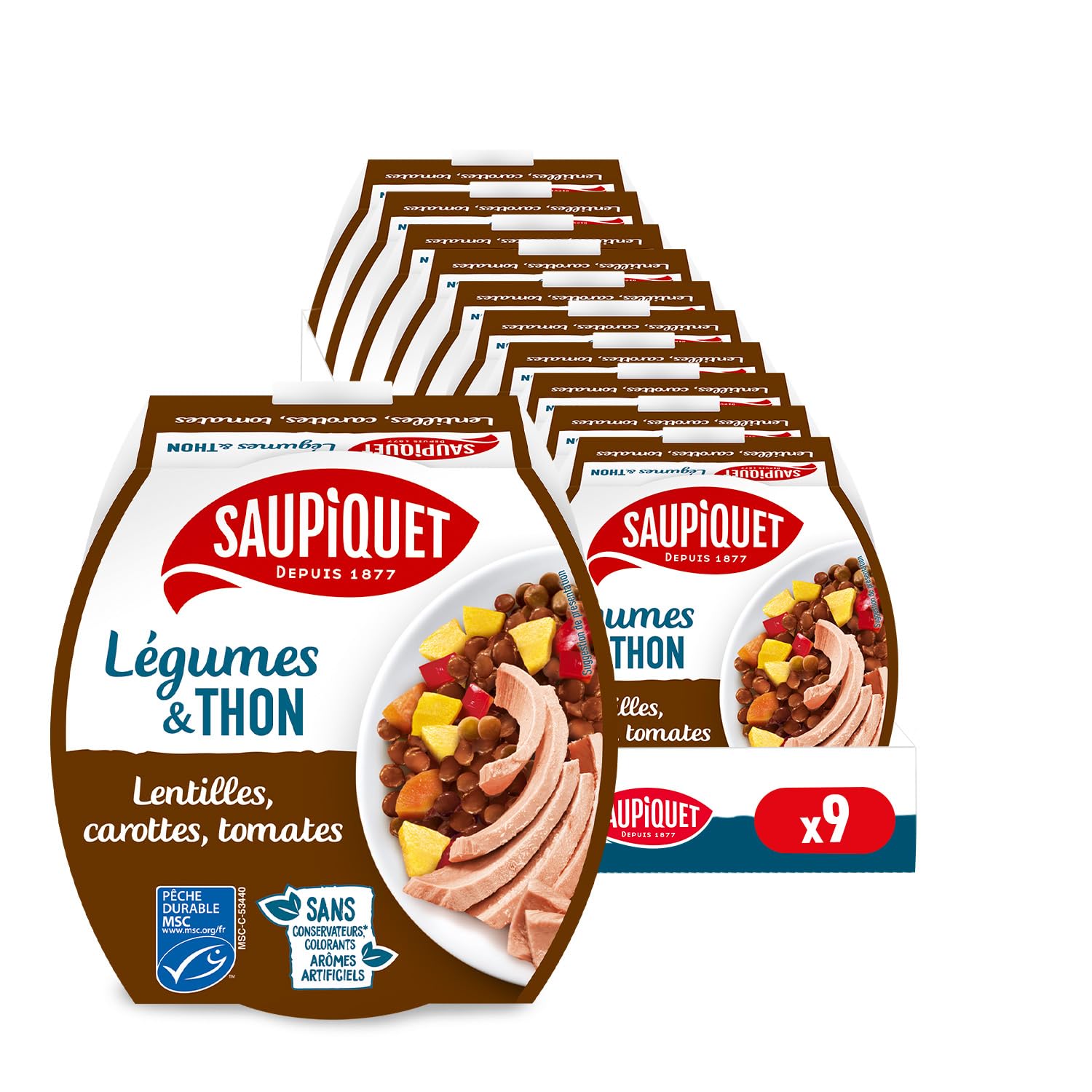 SAUPIQUET - Légumes & Thon - Lentilles, Carottes, Tomates - Salade Prête à Consommer - Température Ambiante - Idéal Pique-Nique - Poisson Issu Pêche Traçabilité Garantie - 9 Conserves (160 g)