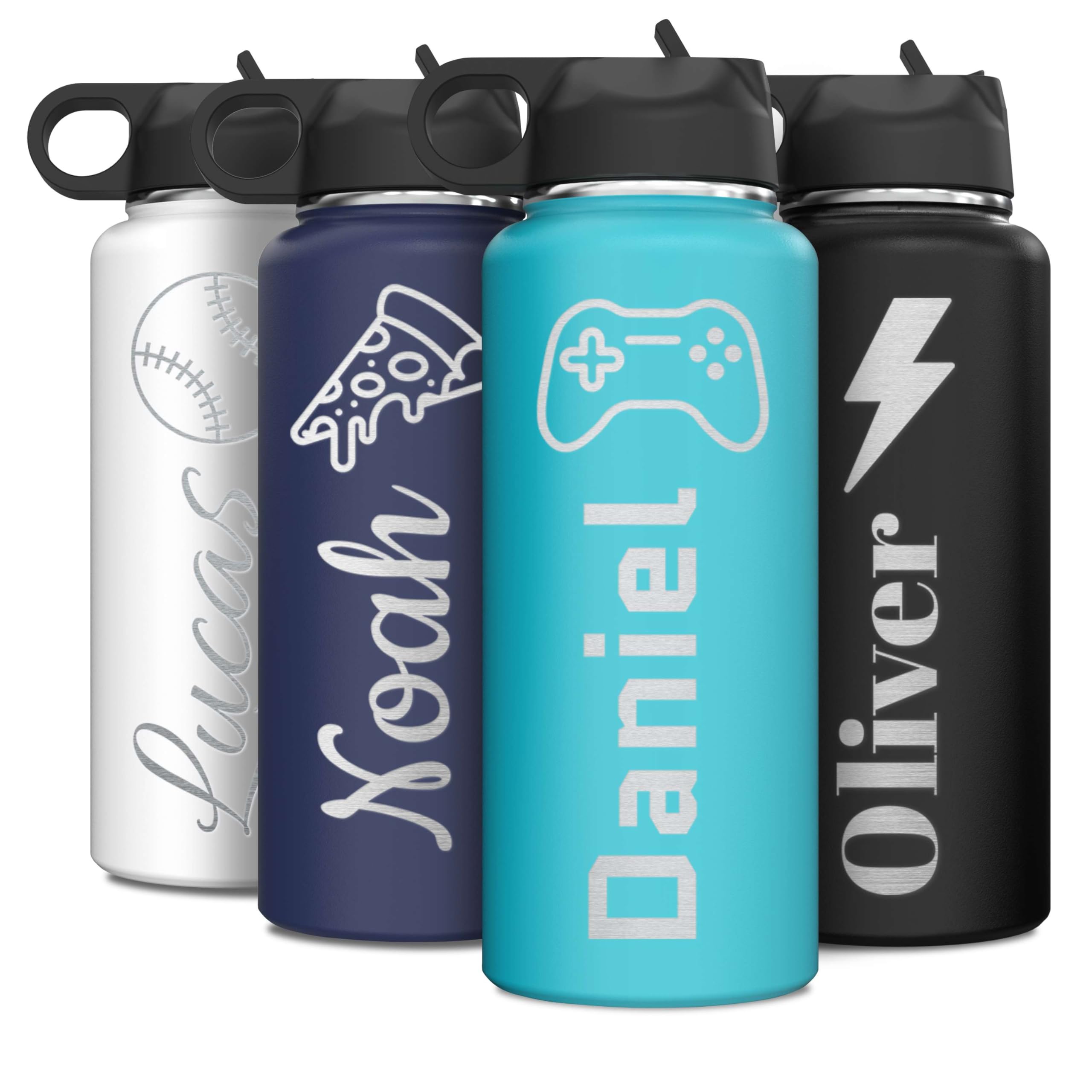 Personalized Boys Name Icon Insulated Stainless Steel Water Bottle with Flip Top Lid Straw Custom Engraved Kids Teens
