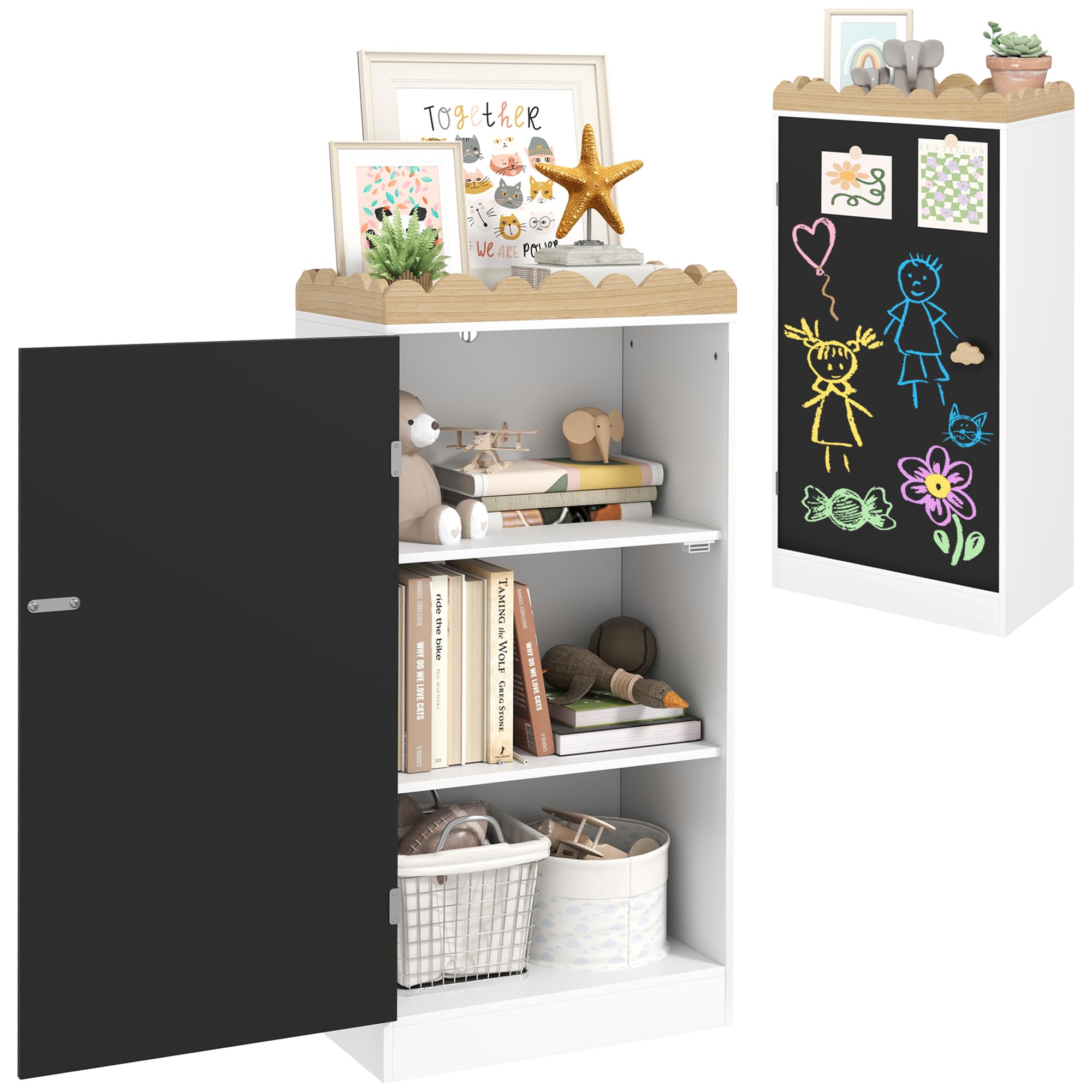 AIYAPLAY Contenitore per Bambini, Contenitore per Giocattoli per Bambini, Armadio per Bambini con Anta a Lavagna, 3 Scomparti e ripiano Superiore per Camera da Letto, Stanza dei Giochi, cameretta,