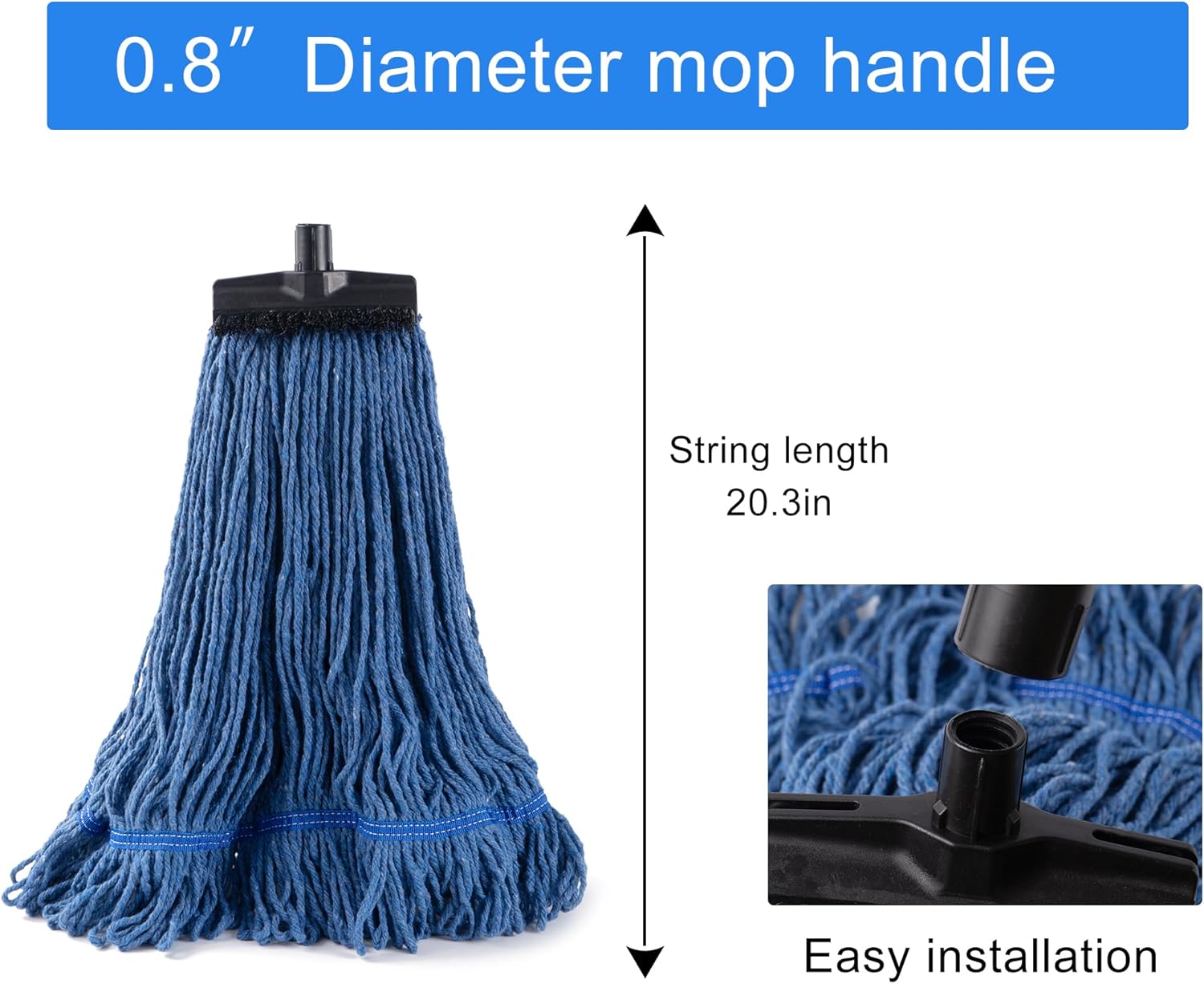 Matthew Large Heavy Duty Mop Head Commercial Replacement for General and Floor Cleaning, Screw-on Wet Industrial Cotton Looped End String Head Refill (Blue Pack of 6) w/Built-in Flexible Bristle Brush