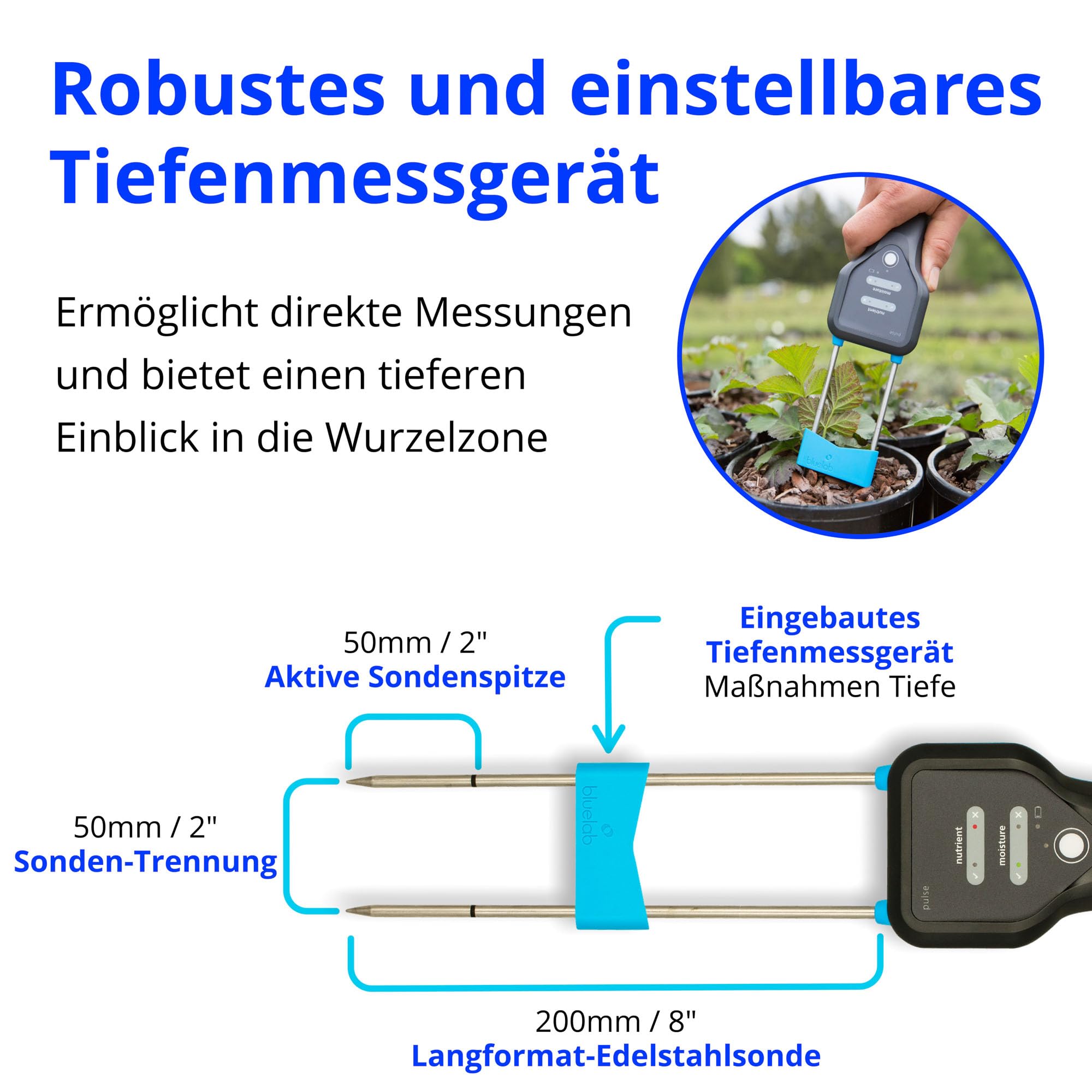 Bluelab METPULSE Pulse Meter Wasser 3-in-1 Feuchtigkeit/Nährstoff (TDS)/Temperatur Test Kit für Erde, Kokos, und Lösung, Tester für Hydroponische System und Indoor-Pflanzen wachsen, Clear