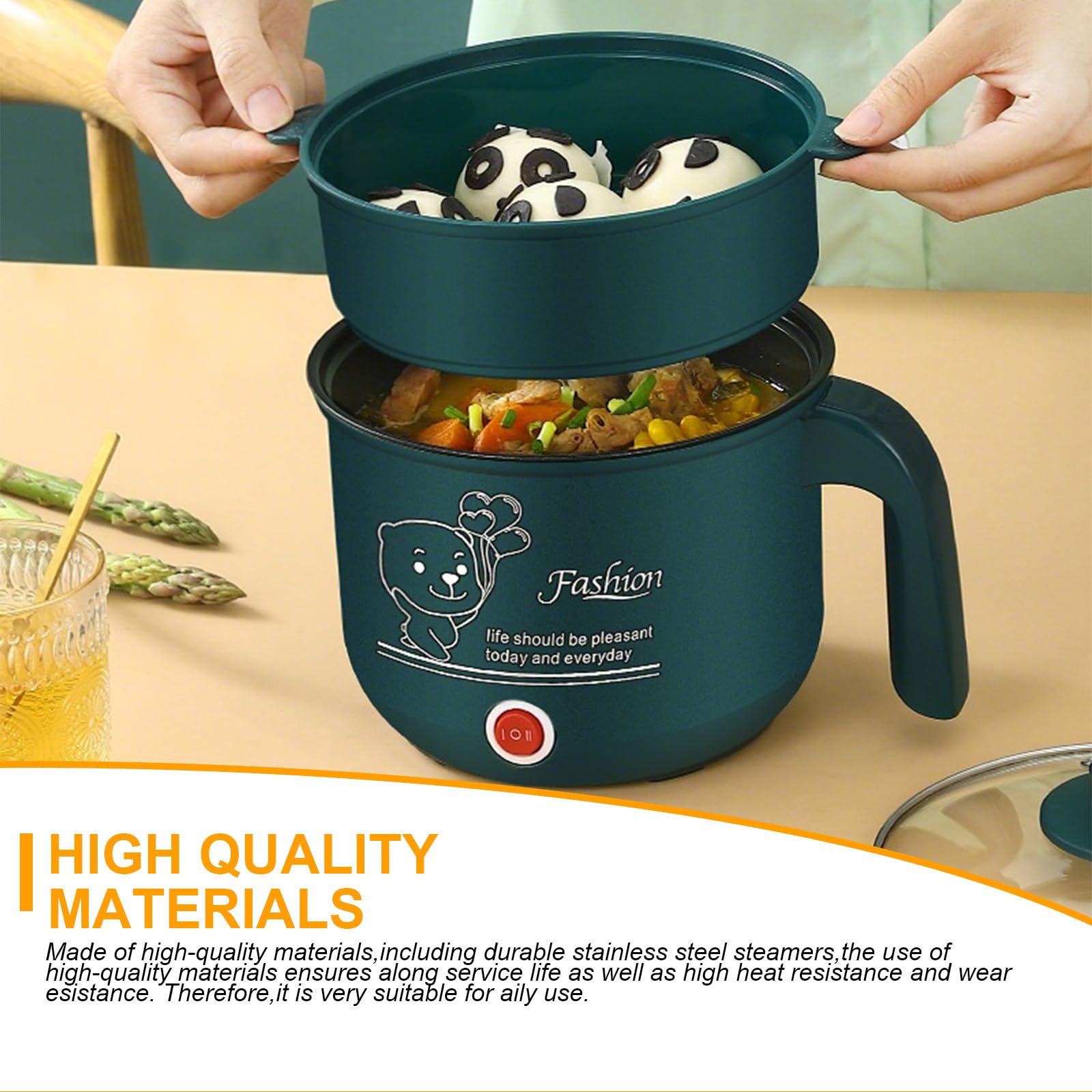 Mini Hot Pot Ramen Cooker, Pentola elettrica da viaggio, Padella elettrica portatile multiuso, Per dormitorio dell'home Office, Lnclude vaporiera in acciaio inox(300W/600W, Verde, 1.8L)