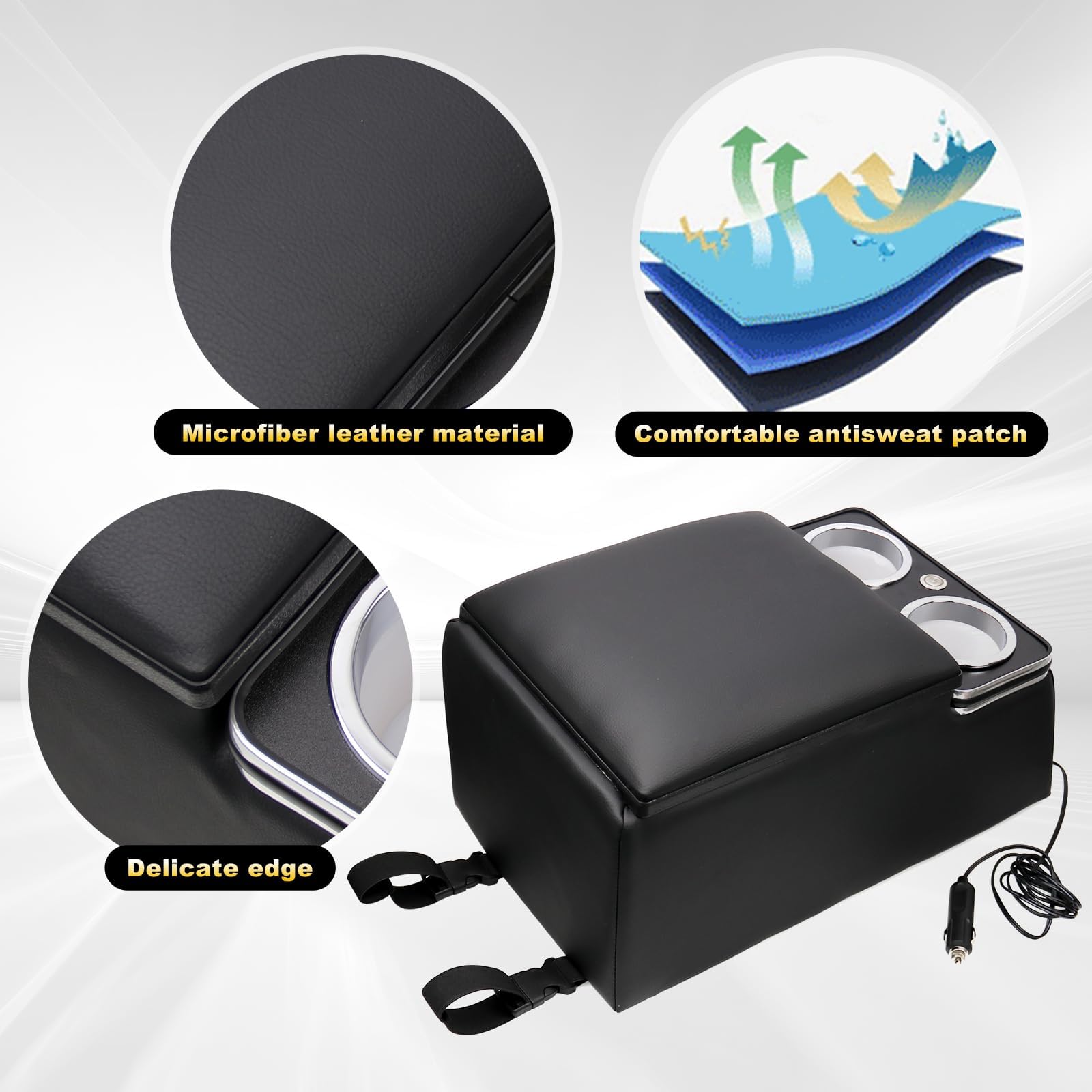 Czarny uniwersalny organizer na siedzenie ciężarówki, konsola do siedzenia z tyłu ze światłem LED, portem USB, uchwytami na kubki, podłokietnikiem i wyściełaną górną pokrywą, środkowy
