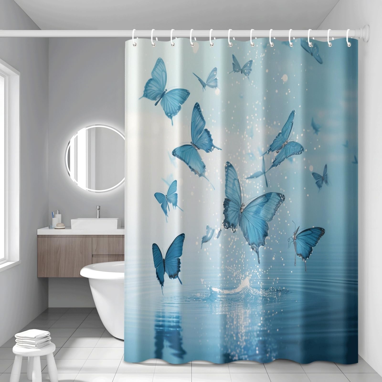 Shower Curtain Beige Blue Mould Resistant Shower Curtains for Bathroom Washable Polyester Bathroom Curtains Decor Wet Room Quick Dry Anti Mould Bath Curtain with 12 Hooks 200x220cm