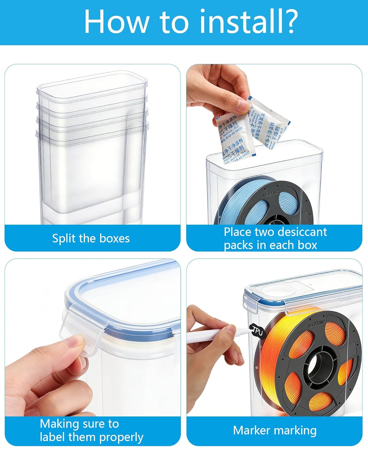 Filament Storage Box 10 Pack for 3D Printer Filament Storage Container Portable with Desiccants and Label Water-Proof Dust-Proof for 1.75mm Filament Transparent Blue