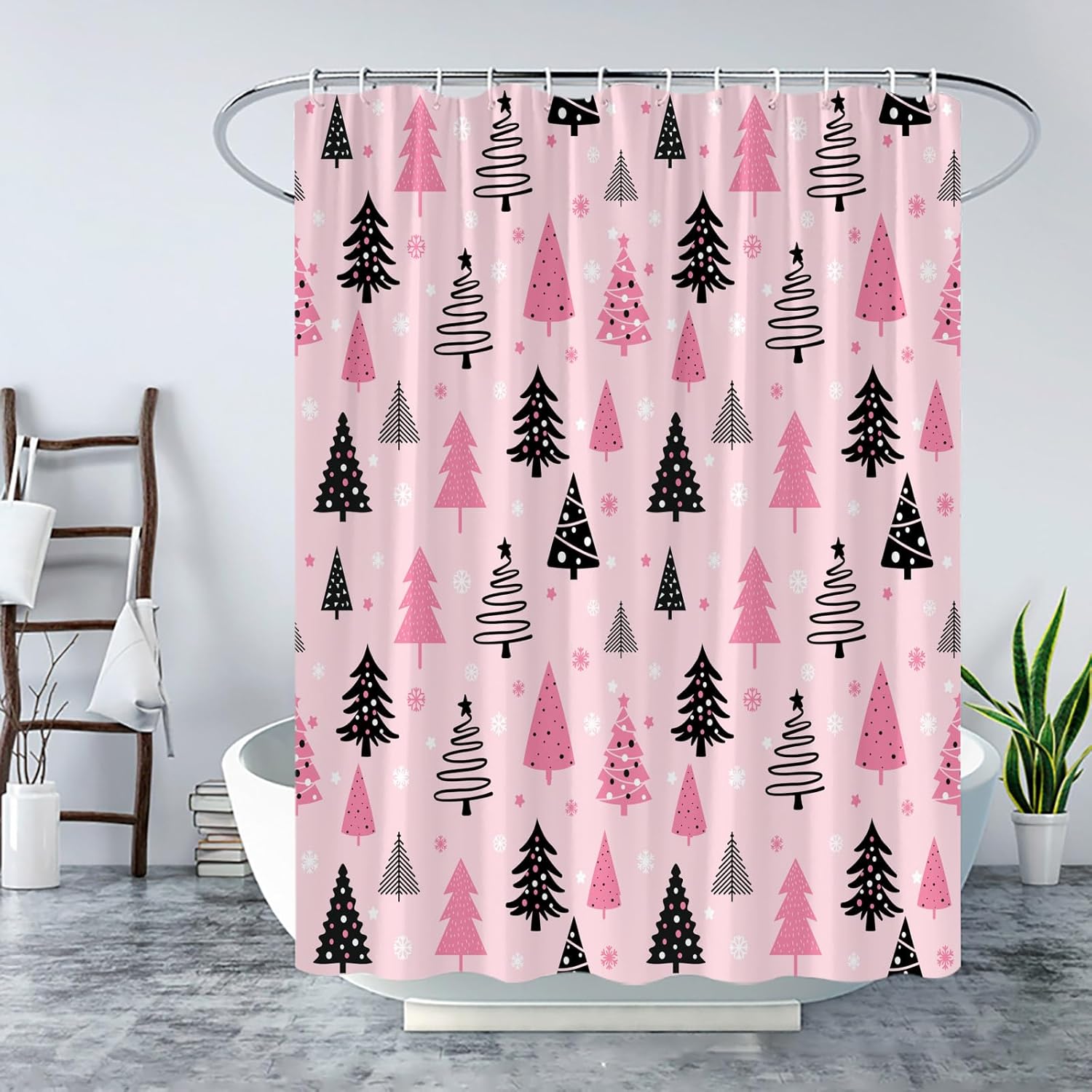 Christmas Tree Shower Curtain Pink Grey Black Xmas Pine Tree Snowflake Rustic Winter Snow Forest Scenery Merry Christmas New Year Winter Holiday Fabric Bath Curtain with Hook