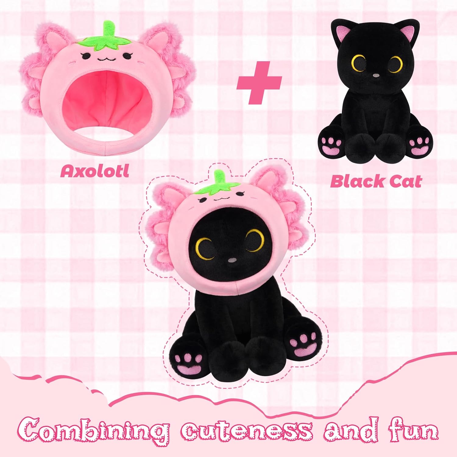 Axolotl Plush Toy, 8inch Kawaii Black Cat Wear Strawberry Plush Removable Hood, Cute Plushies Soft Stuffed Animal Doll, Valentine's Day Birthday Gift for Kids Boys Girls Adults