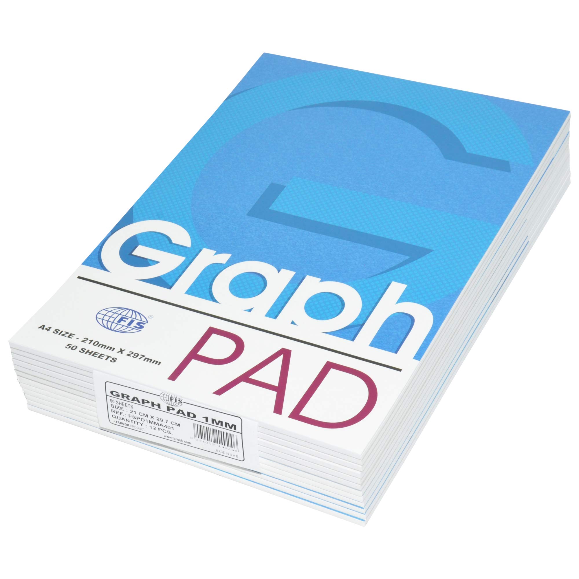 FIS® Graph Pad, A4 Size(210x297mm), 50 Sheets, 1mm Square Line Ruling, White Paper, Packet of 12 Pieces, Blue White Cover Design-FSPD1MMA401