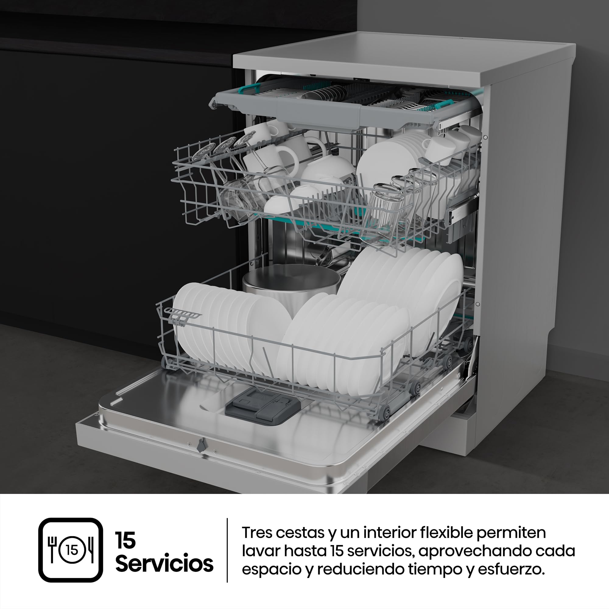 Hisense HS643B90X - Lavavajillas Clase B, 15 Servicios, Fondo 60cm, Secado Extra, Programa Automático, Tercera Bandeja, Programa Corto 1 hora, 15 Servicios, Aqua Protect System, Control Táctil, Inox