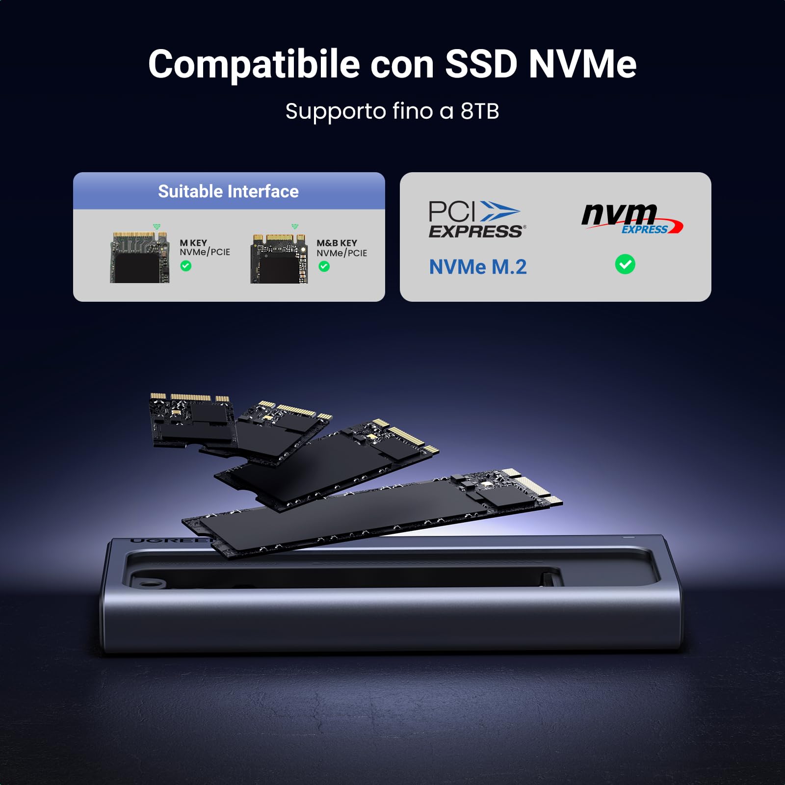 UGREEN Alloggiamento SSD M.2 NVMe, Enclosure NVMe da 40 Gbps con USB4, [guscio in alluminio Lager e ventola PWM], supporto UASP e TRIM, alloggiamento M.2 compatibile con chiavi M & M+b e dimensioni in