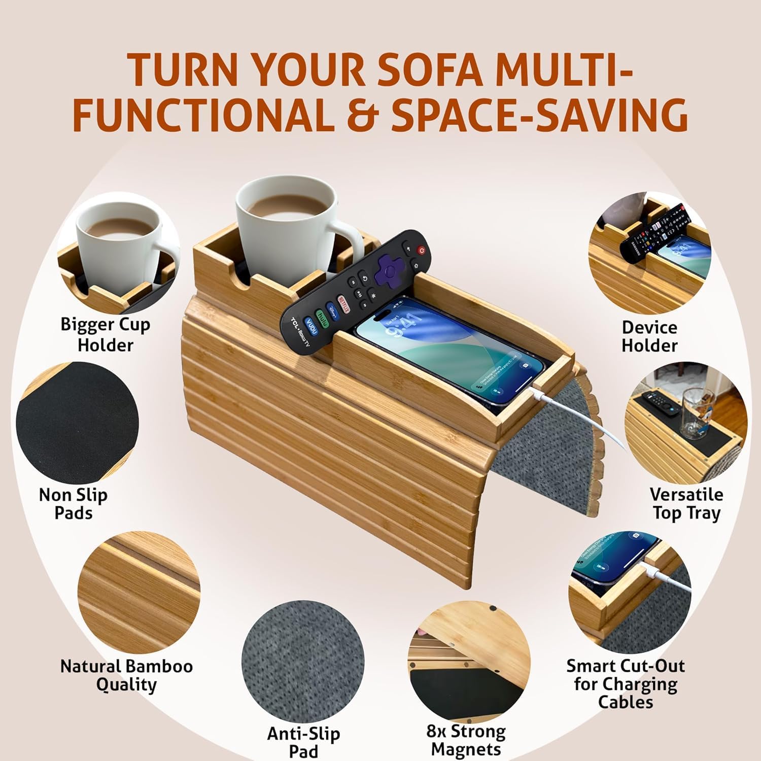 Bamboo Sofa Armrest Tray -with Detachable Cup Holder, Fits Arms up to 6 Inches Wide - Foldable Non-Slip Bamboo Sofa Arm Tray Table for Remote, Cell-Phone & Drinks, Snacks – Space-Saving, 17.7"x12.8"