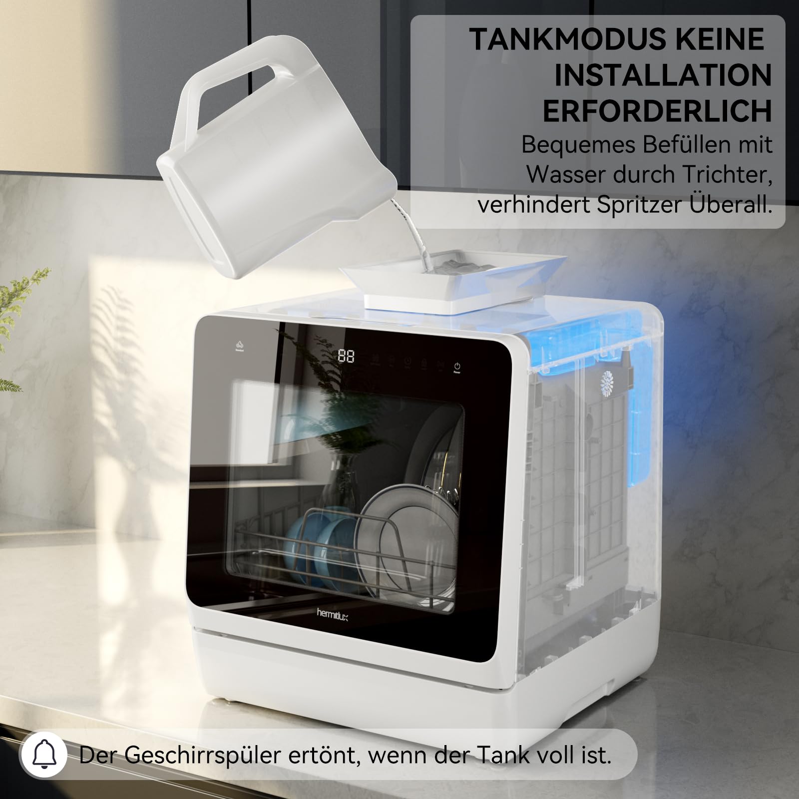 Hermitlux Tischgeschirrspüler Mini Spülmaschine 7+3 Programme 5 Maßgedecken 5L Wassertank Startverzögerung Kindersicherung