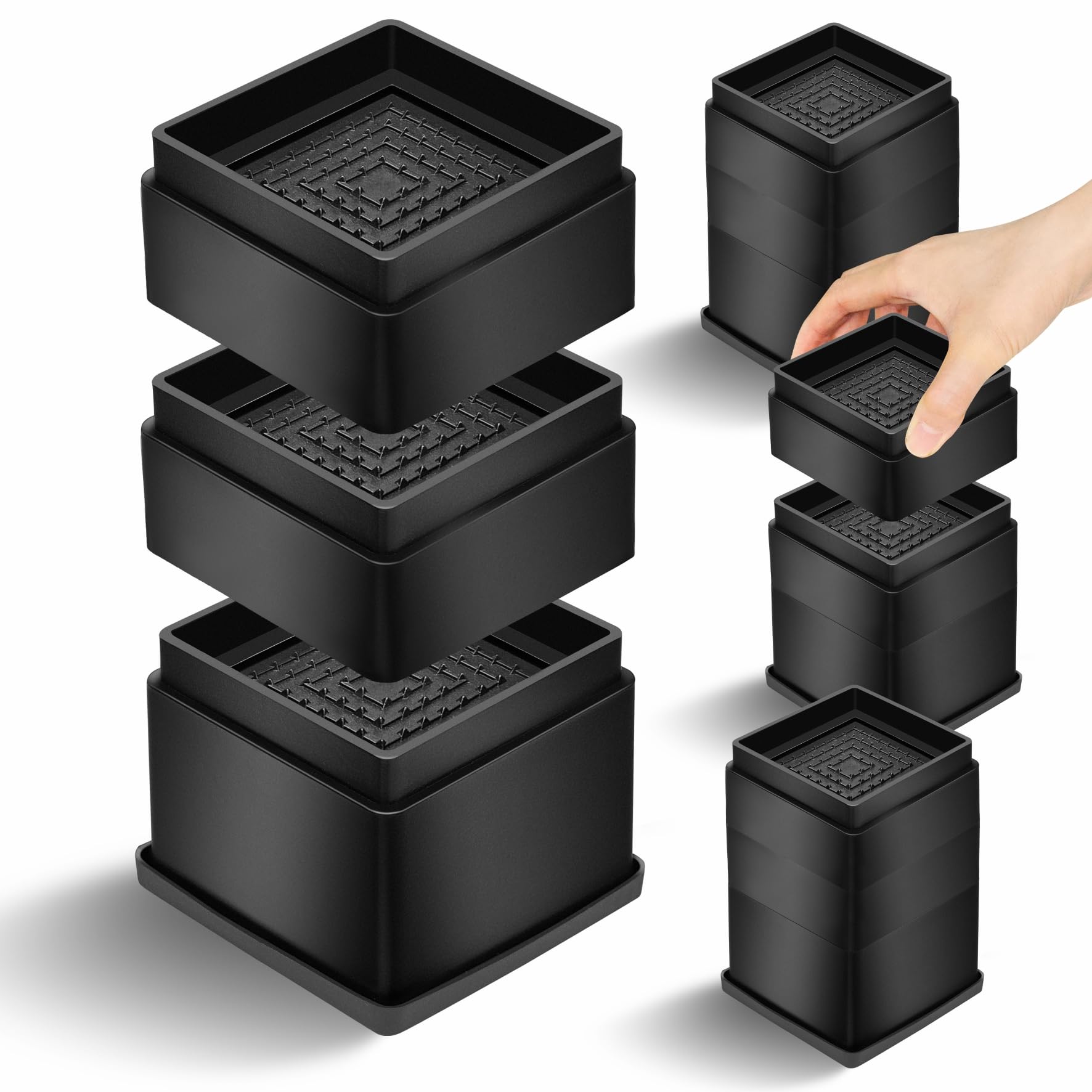 Mixdora 4 Pack Bed Risers 2, 3 Or 4 Inch Square Stackable Furniture Risers Anti-Slip Adjustable Chair Raisers For Sofas Couches Table Set Of Black (, 4 Inch（2+1+1 Inch）)