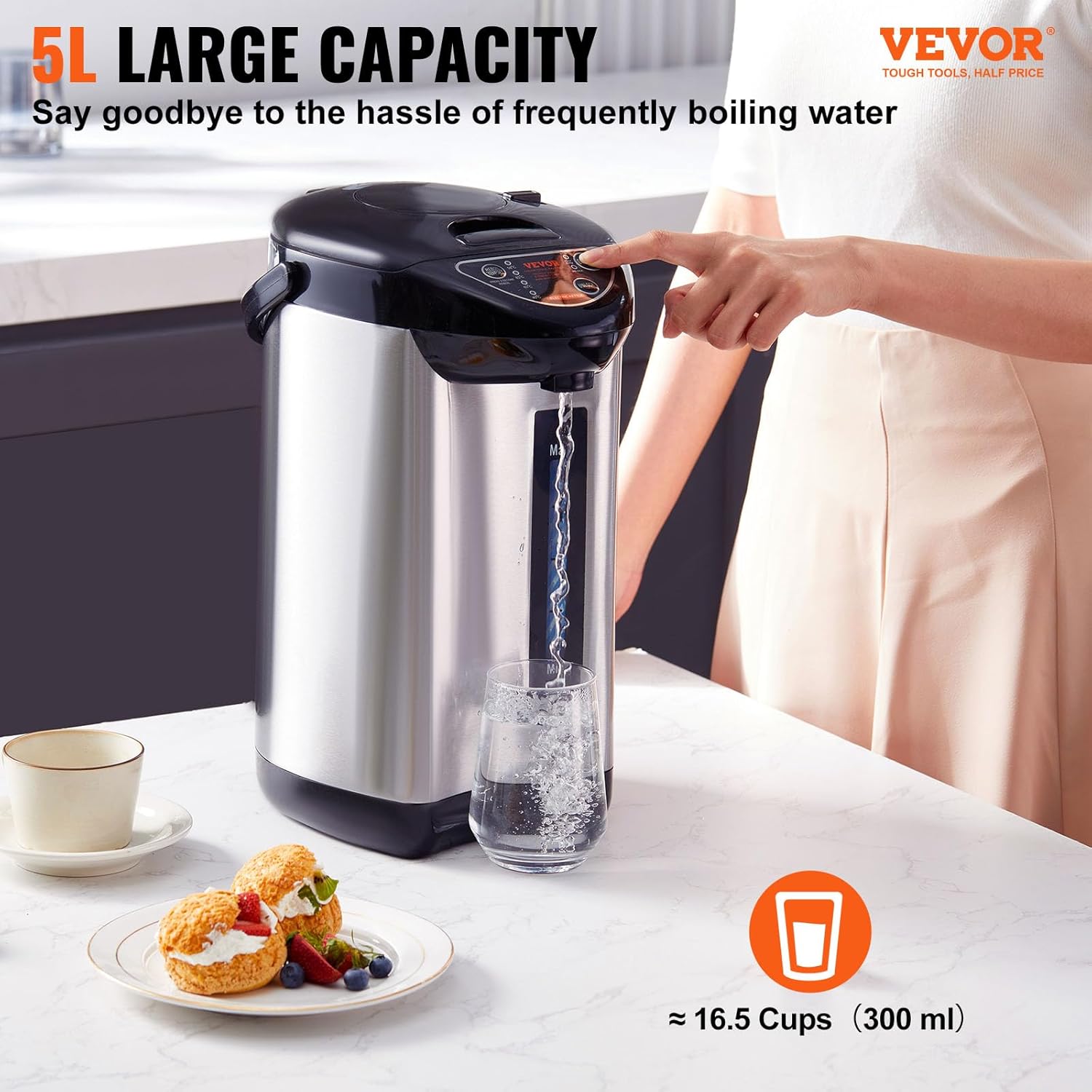 vevor hot water dispenser 5.3 qt/169 oz, water boiler and warmer, 4 warmer temperatures, 3-way to dispense for tea, coffee and baby formula