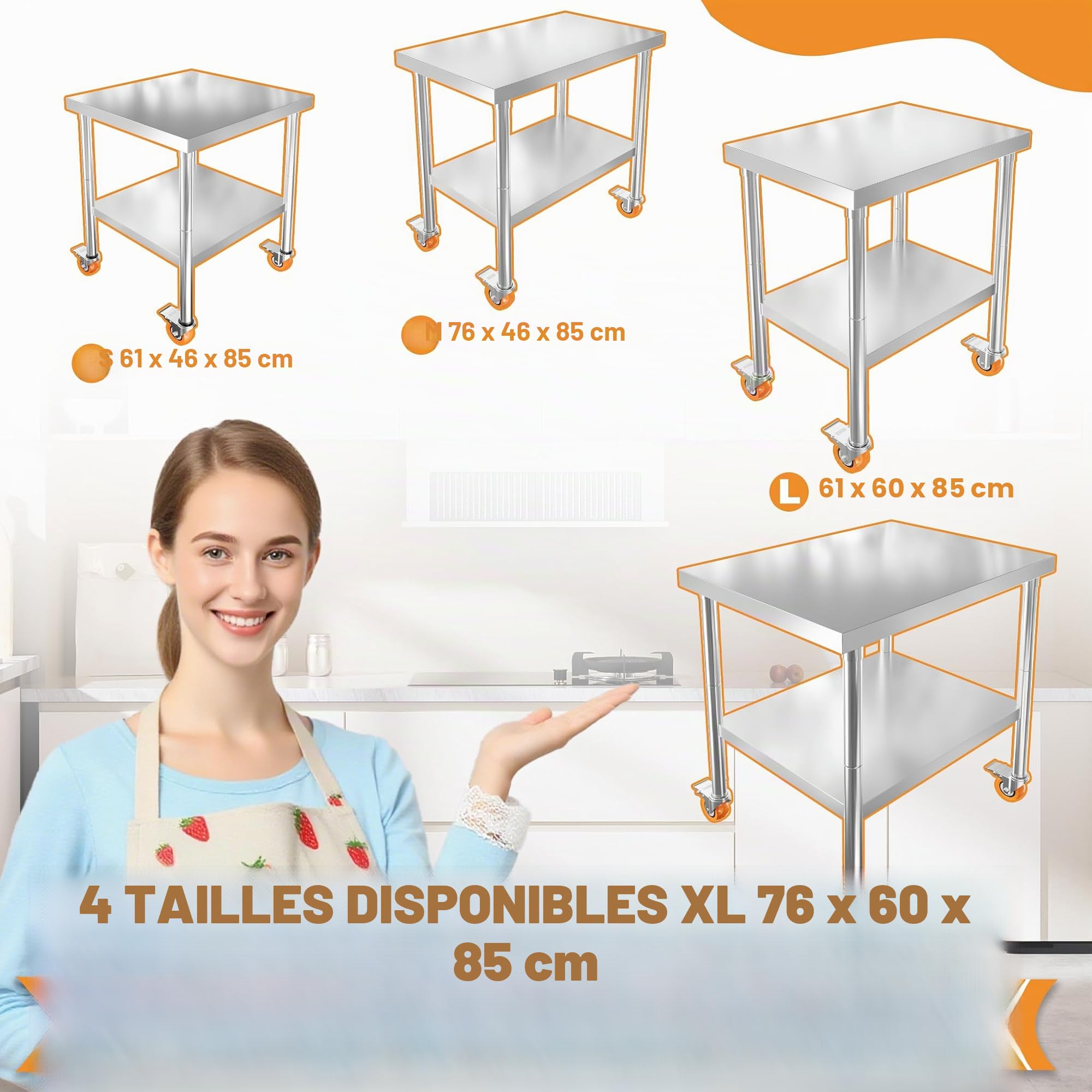 UISEBRT Table de travail en acier inoxydable, 4 roulettes pivotantes avec freins, Table de préparation/table de cuisine avec hauteur réglable, pieds, Table de découpe capacité de charge 300 kg pour