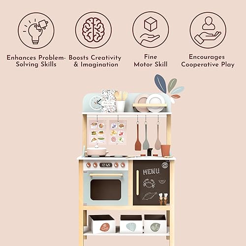 Miniatura 7 de Speedy Monkey Juego de cocina de madera para niños, juego de cocina de 20 piezas, accesorios de madera certificados FSC para alimentos y utensilios