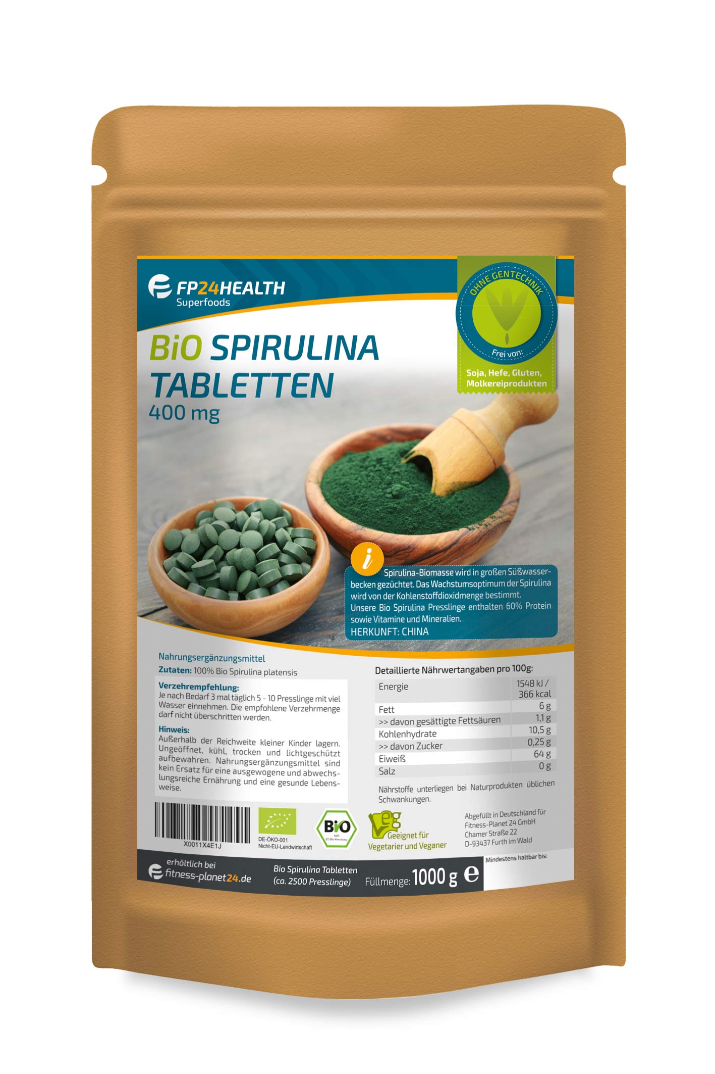 Bio Spirulina 2500 Tabletten - 400mg pro Tablette - Plantensis - im Zippbeutel - 1000g Presslinge - Top Qualität