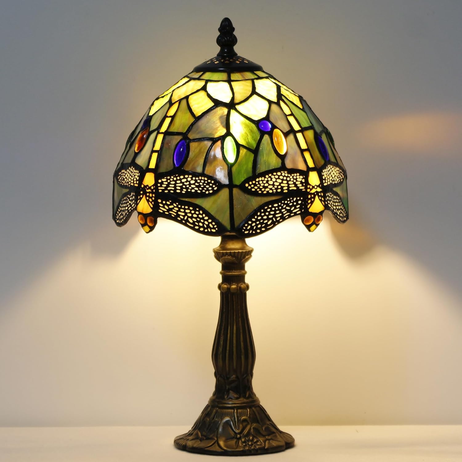 Small Tiffany Lamp Stained Glass Desk Lamp Vintage Tiffany Bedside Table Lamp for Home Living Room Bedroom Nightstand 8X15 Inch (Brown Yellow Dragonfly)