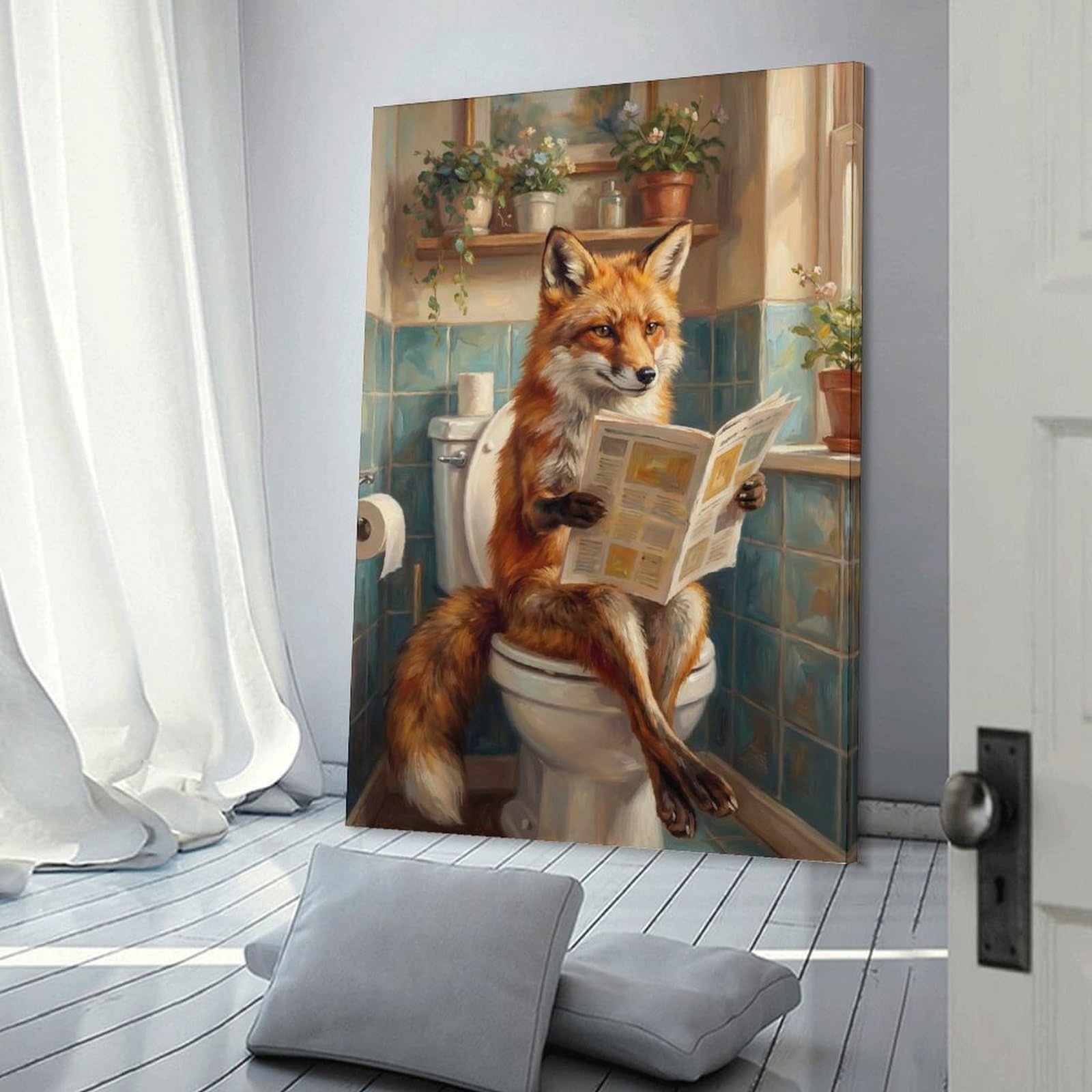 Junmoney Frame-Style-12 Fox Reading Newspaper On Toilet Decorative Canvas Print, 24X36inch(60X90cm), For Contemporary Homes, Apartments Or Offices, Home Artwork For Modern Interiors