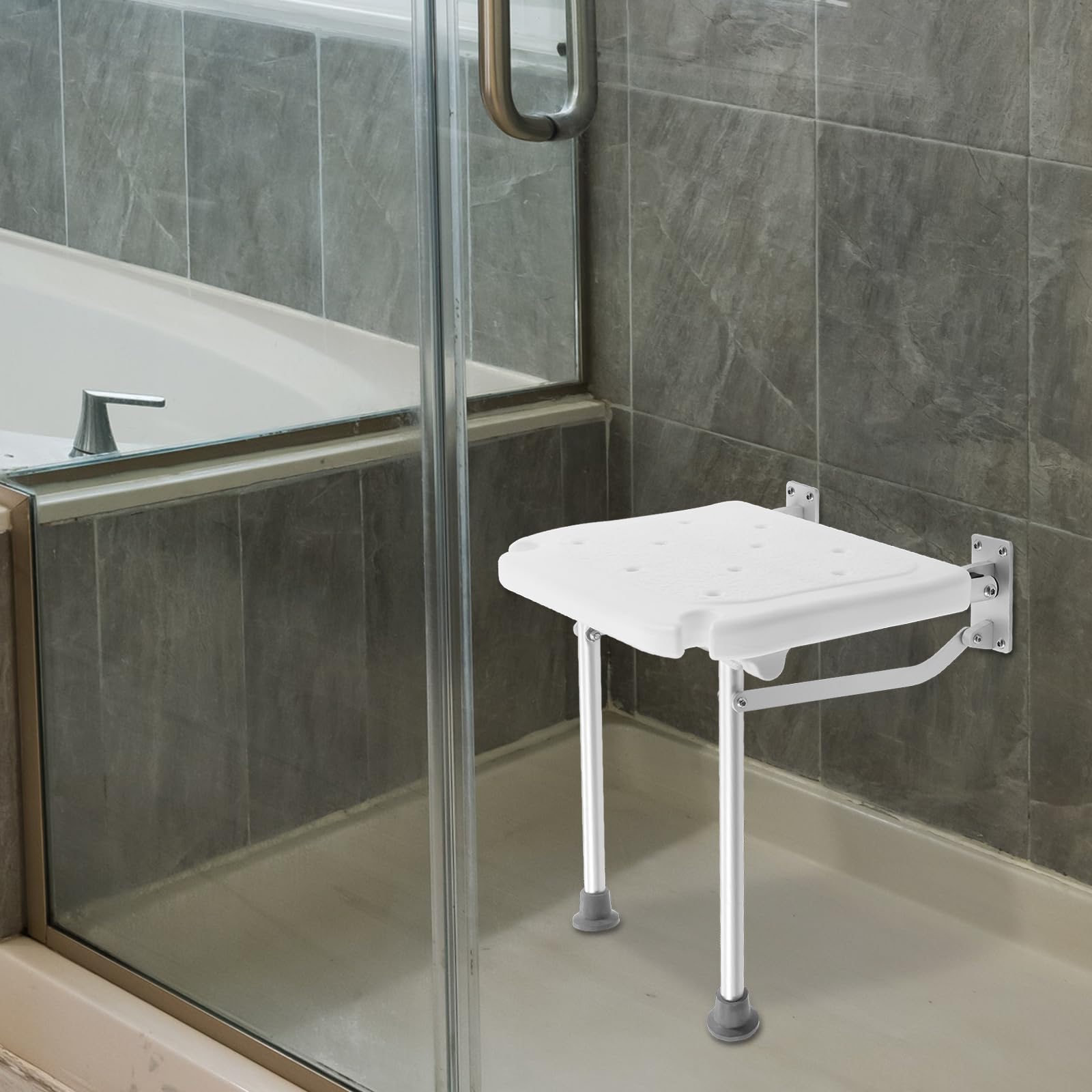 Asiento de ducha plegable para montaje en pared, equipado con un soporte antideslizante, giratorio 90 ° verticalmente, soporta hasta 100 kg, adecuado para personas mayores, embarazadas y otras