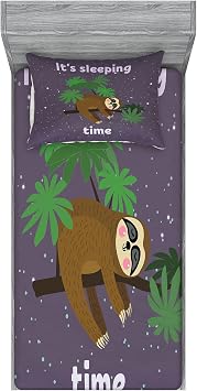 Ambesonne Sloth Fitted Sheet & Pillow Sham Set, Cartoon Character Sleeping on Branch Jungle Animal in Night Sky Kids Theme, Decorative Printed 2 Piece Bedding Decor Set, Twin, Plum Brown