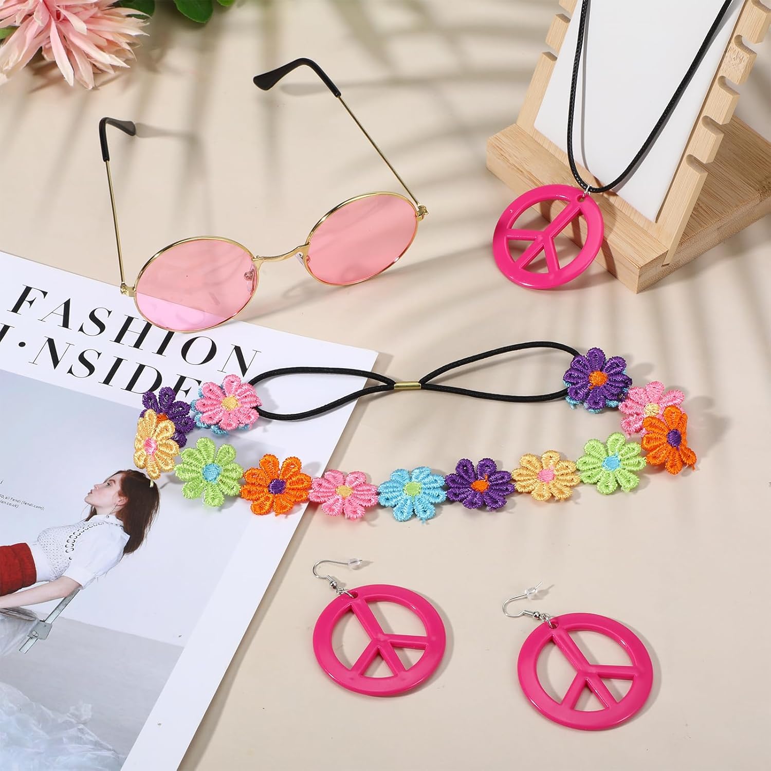 5PCS Hippie Costume Accessories Set 60s 70s Retro Peace Sign Sunglasses, Bohemian Earrings, Sunflower Pendant Necklace & Floral Headband for Women, Halloween Party, Music Festival Cosplay Pink - Image 6