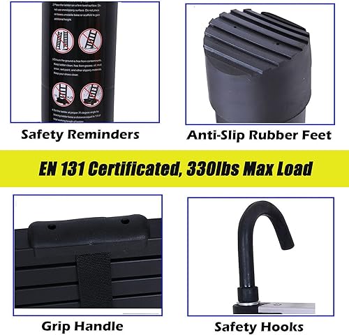 Miniatura 8 de Escalera telescópica de 10.5 pies con 2 ganchos, escalera portátil de aluminio para el hogar, oficina, bricolaje, negro, escalera plegable