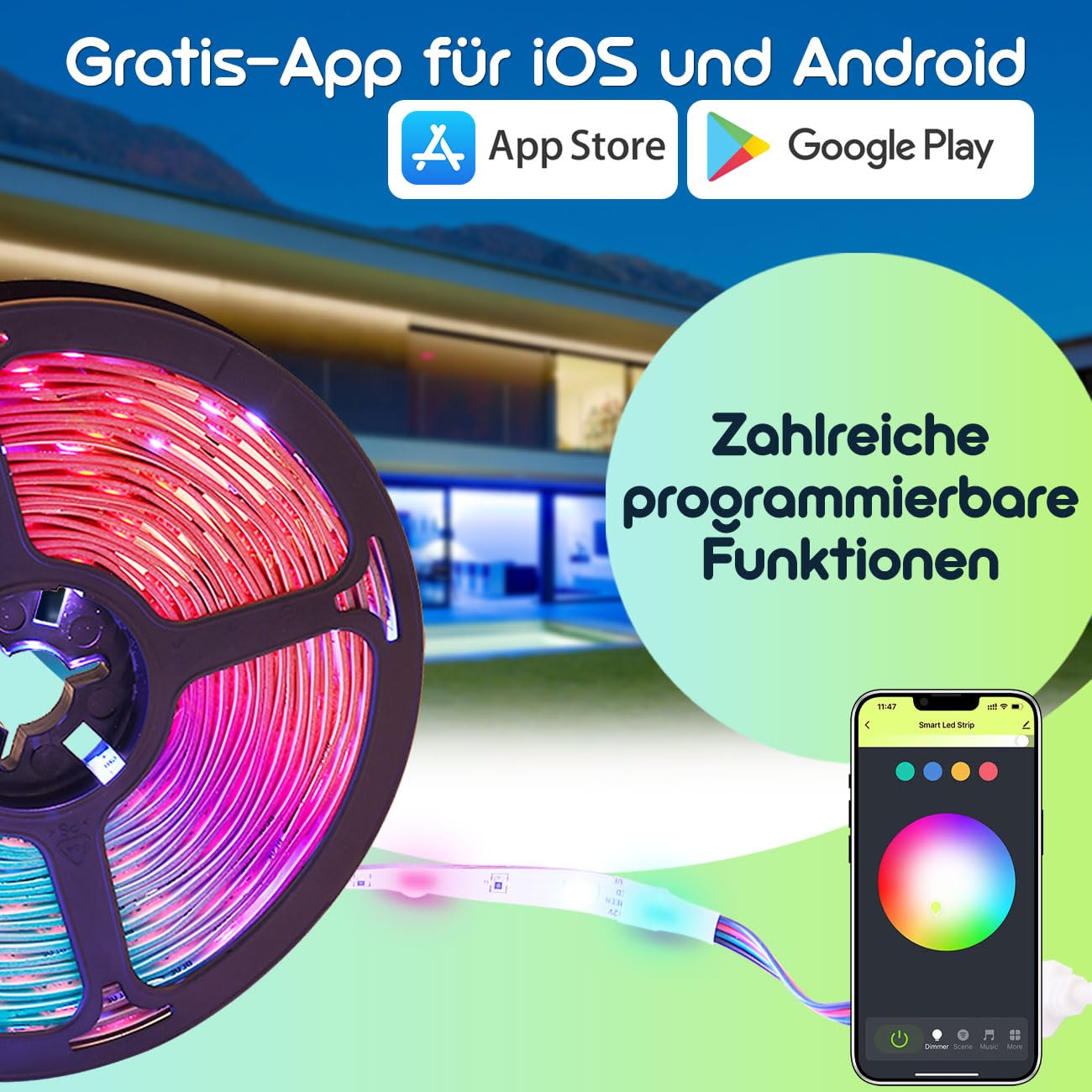 LED Streifen, WLAN, RGB, 10m, 300 LEDs, 16 Mio Farben, Fernbedienung, App-, Sprach- u. Musik-Steuerung, komp. zu Google, Siri, Alexa, Tuya