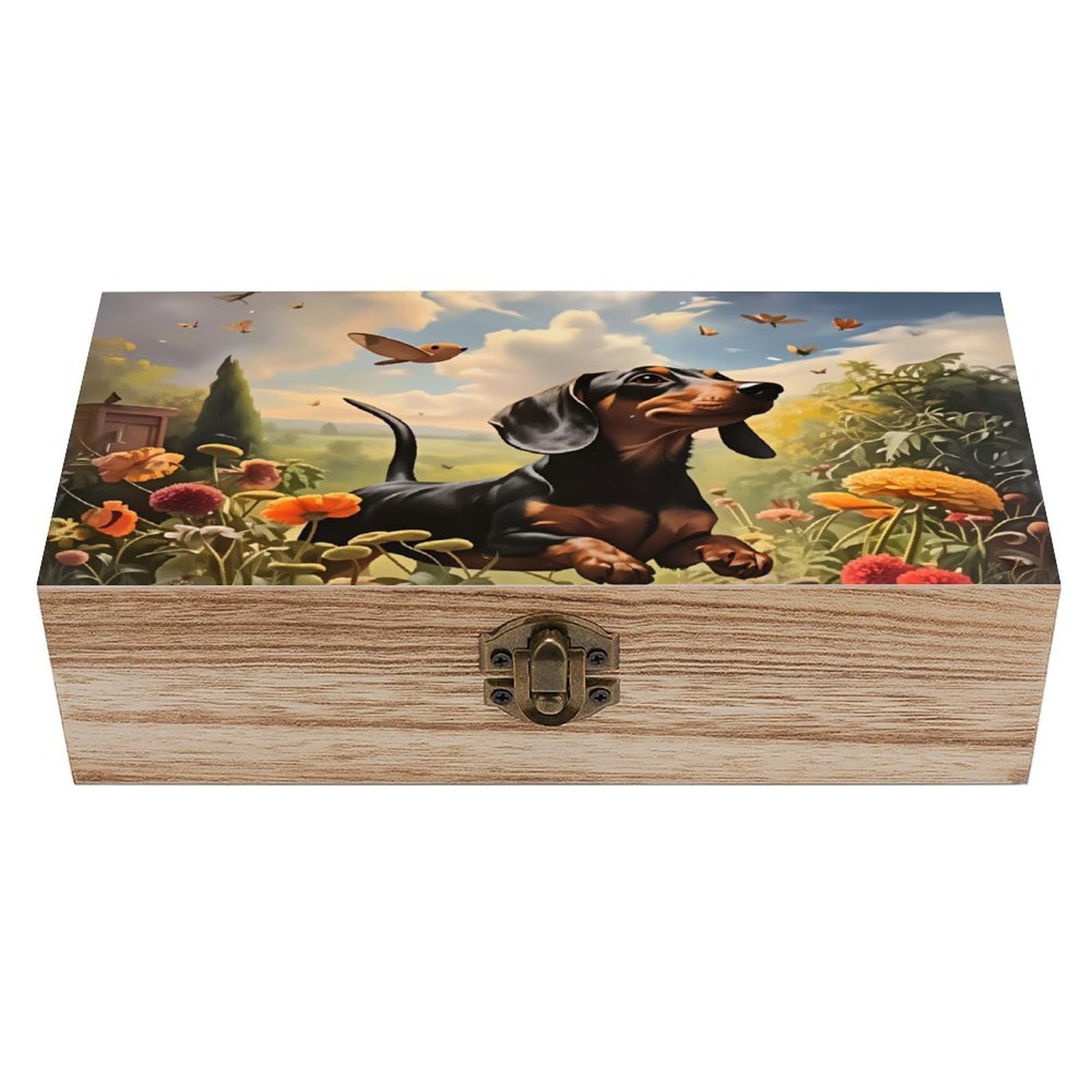 asbwuo Dachshund in A Flower Garden Vintage Wooden Keepsake Box