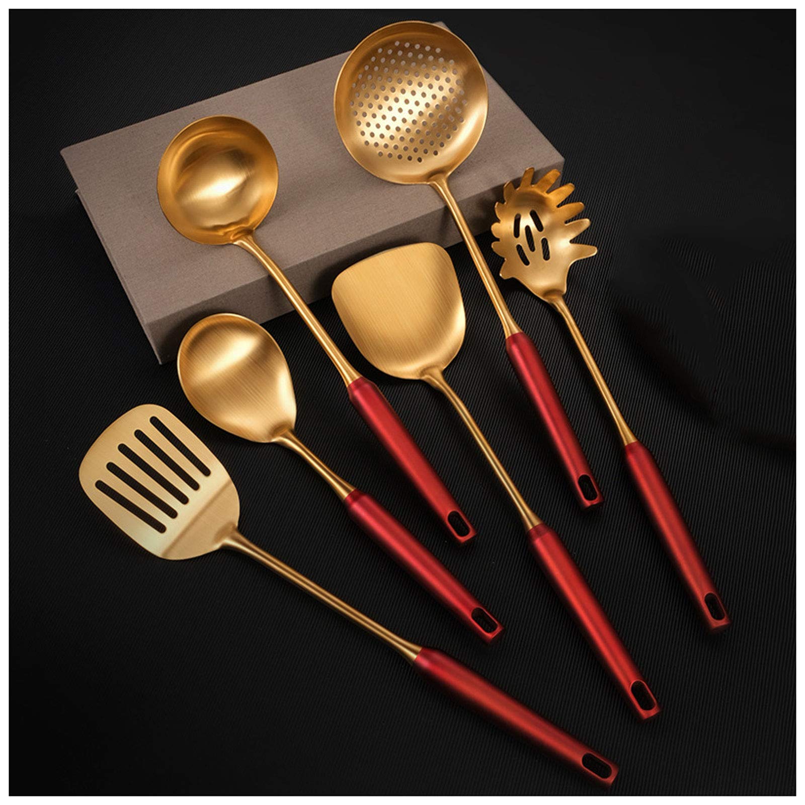 IUokLU Kitchen Stainless Steel Cooking Utensils Set, Serving Spoons, Includes Slotted Turner, Skimmer, Slotted Spoon, Solid Spoon (Red)