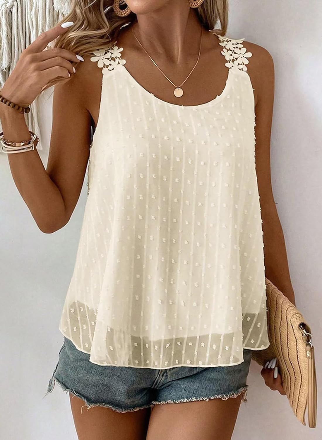 Womens Tank Tops Flowy Sleeveless Summer Boho Tank Top for Women Casual Crewneck Strap Lace Camisole Shirts - Image 4