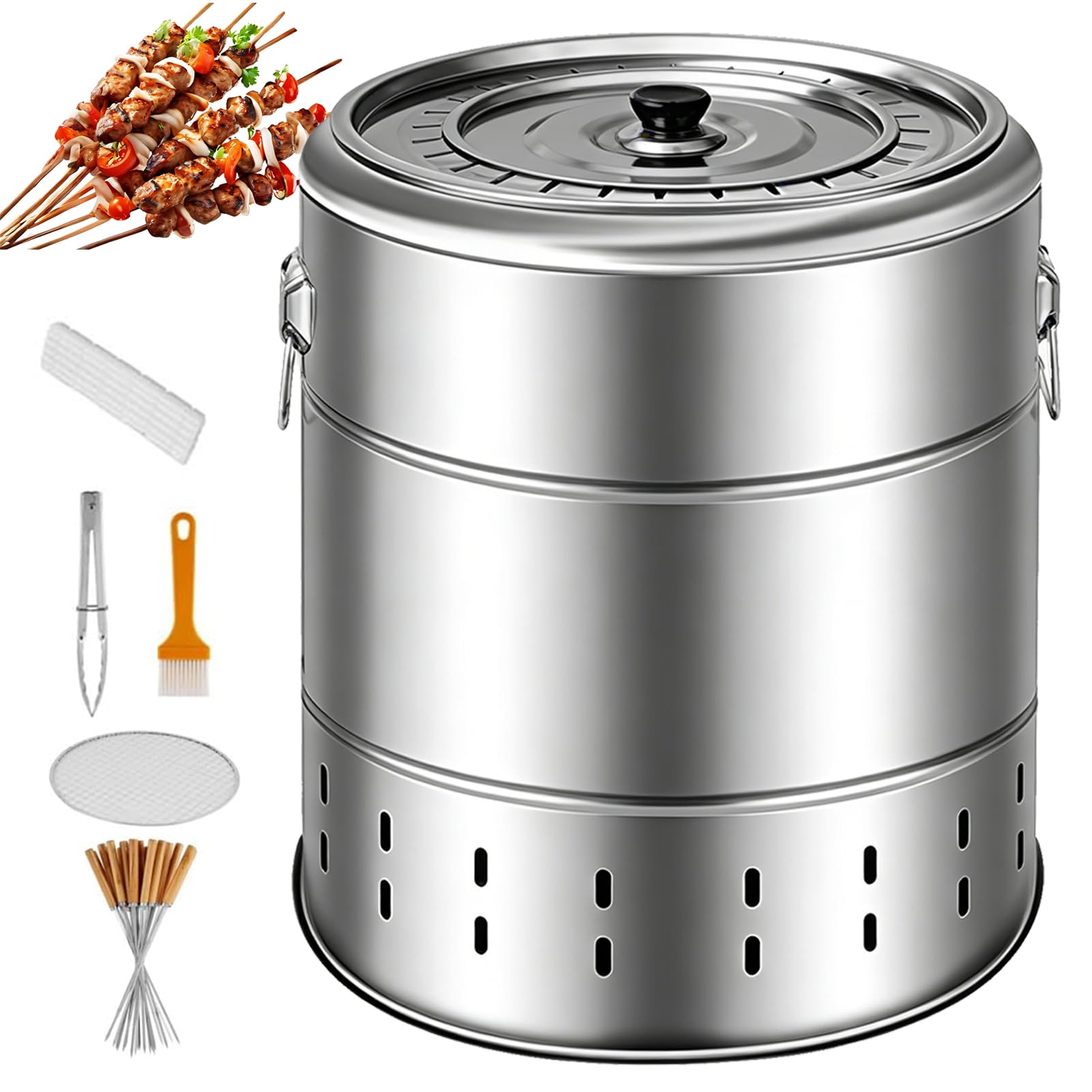 Kebab grill ze stali nierdzewnej, dwuwarstwowy grill bezdymny z 28 szpikulcami, do pieczenia 360°, idealny na piknik, kemping, podróż, duży rozmiar bez użycia węgla